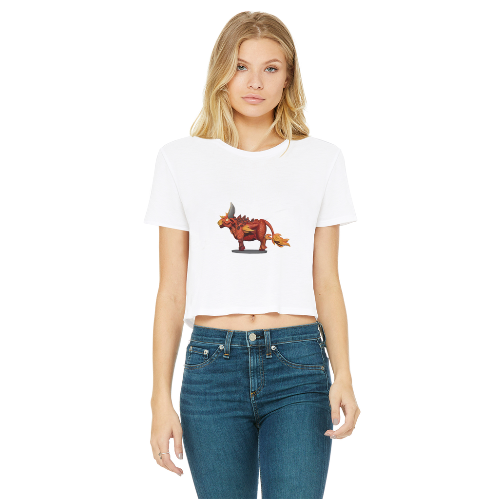 Fire Bull Classic Women's Cropped Raw Edge T-Shirt featuring a round neck, short sleeves, and a raw edge hem in a stylish design.