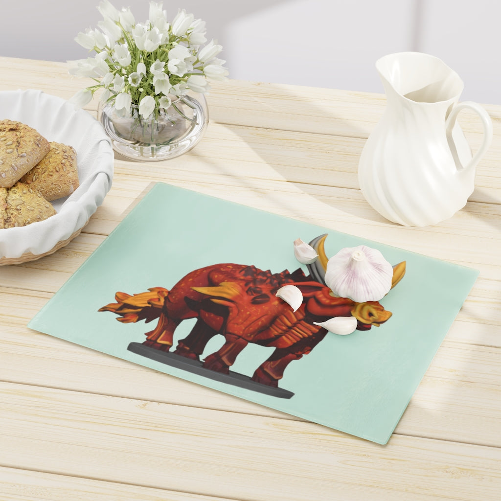Fire Bull Cutting Board made of tempered glass with rubber dots for stability, showcasing a stylish design suitable for any kitchen.
