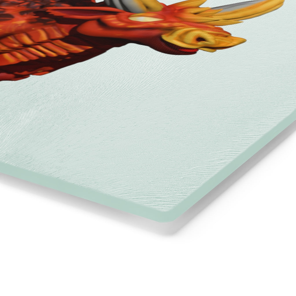 Fire Bull Cutting Board made of tempered glass with rubber dots for stability, showcasing a stylish design suitable for any kitchen.