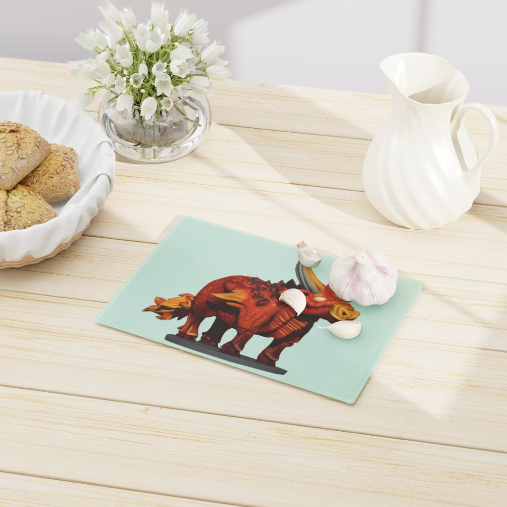 Fire Bull Cutting Board made of tempered glass with rubber dots for stability, showcasing a stylish design suitable for any kitchen.