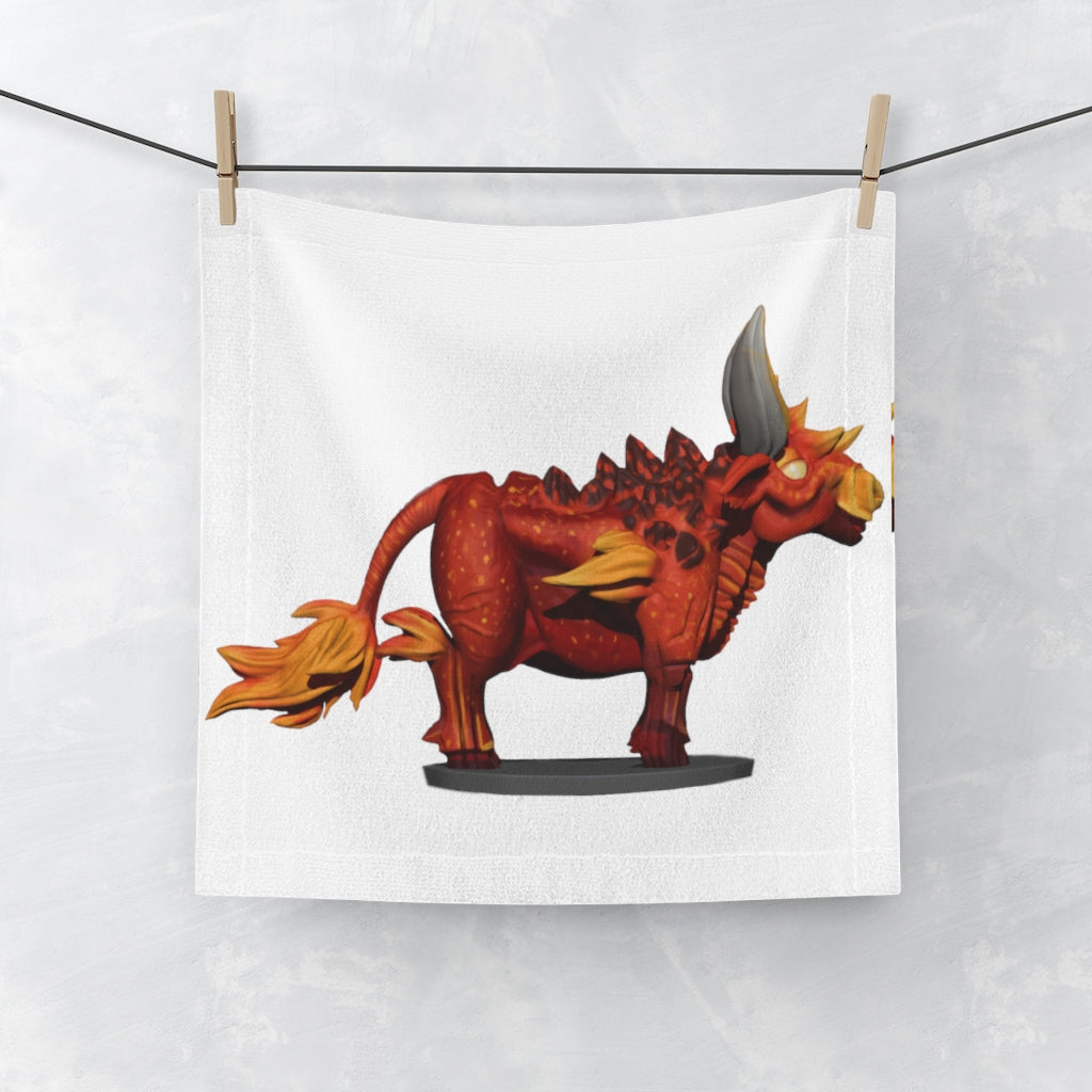 Fire Bull Face Towel featuring a customizable polyester front and soft cotton back, ideal for personal use or as a unique gift.