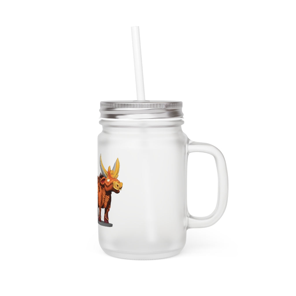 Fire Bull Mason Jar made of frosted glass, featuring a straw and lid, perfect for personalized drinks.