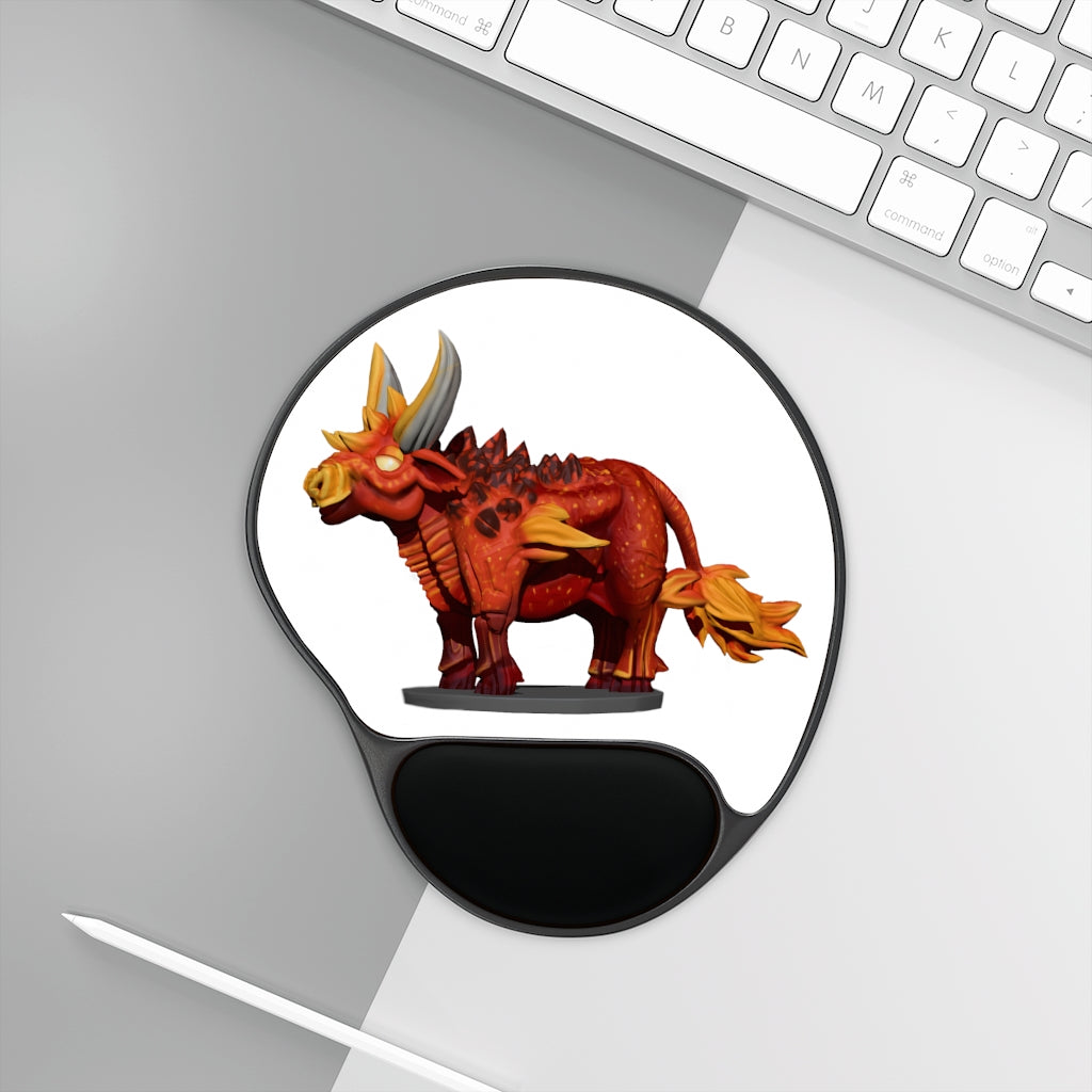 Fire Bull Mouse Pad featuring a Memory Foam wrist rest and custom-printed neoprene insert, designed for ergonomic comfort.