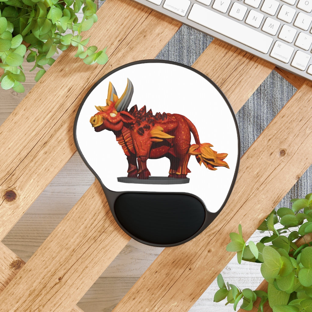Fire Bull Mouse Pad featuring a Memory Foam wrist rest and custom-printed neoprene insert, designed for ergonomic comfort.