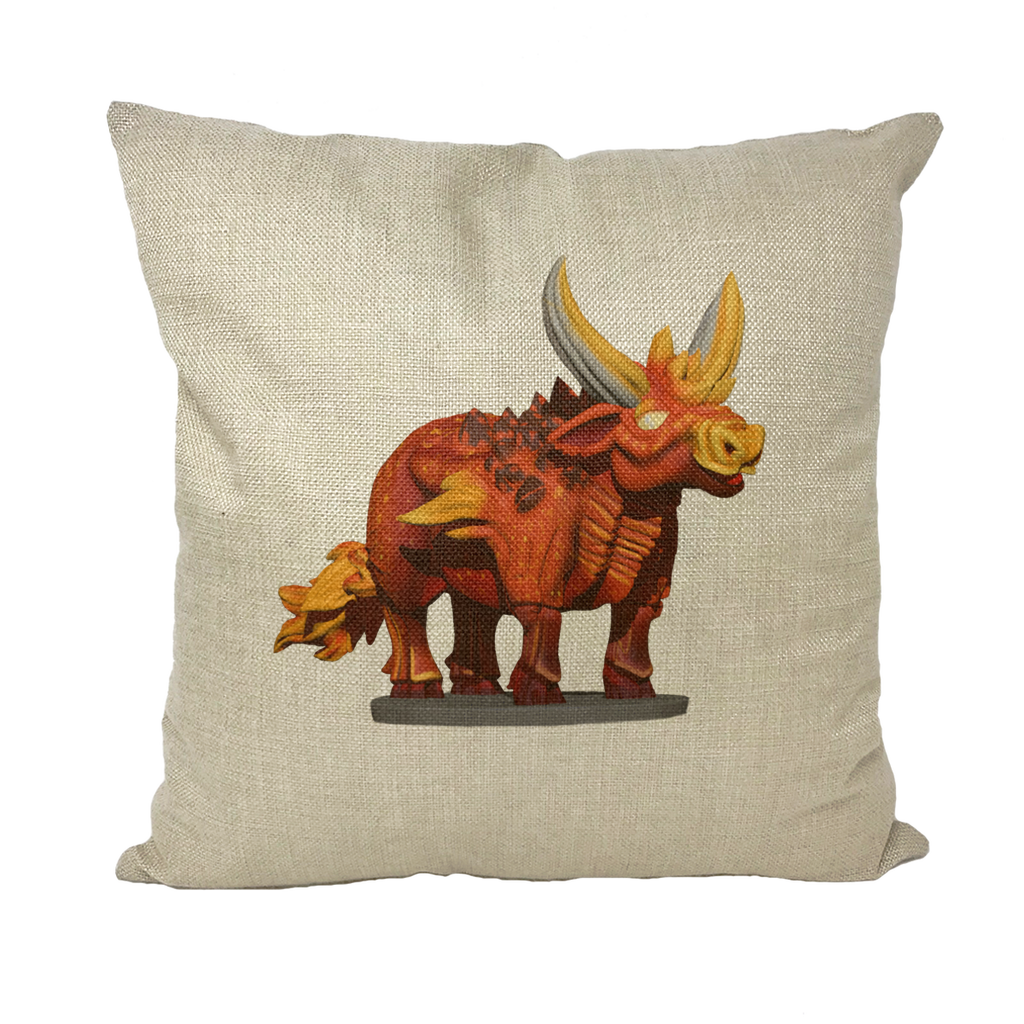 Fire Bull Throw Pillows in various styles including linen, canvas, and suede, showcasing their vibrant colors and textures.
