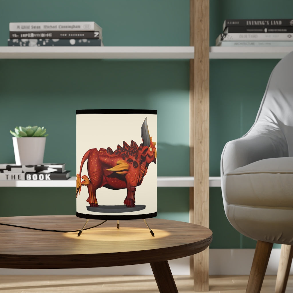 Fire Bull Tripod Lamp featuring a galvanized steel base and a custom high-resolution printed shade, ideal for home decor.