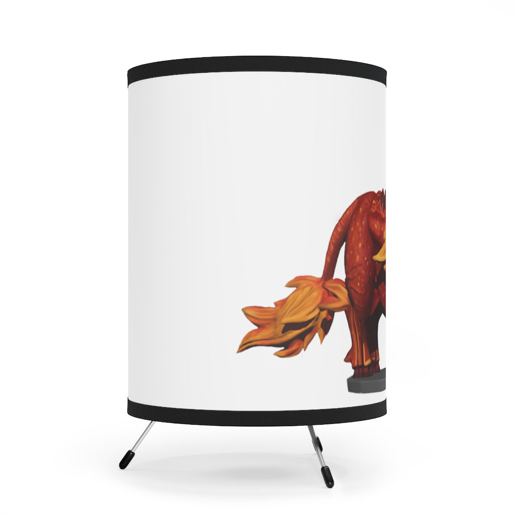 Fire Bull Tripod Lamp featuring a galvanized steel base and a custom high-resolution printed shade, designed for US and CA plug compatibility.