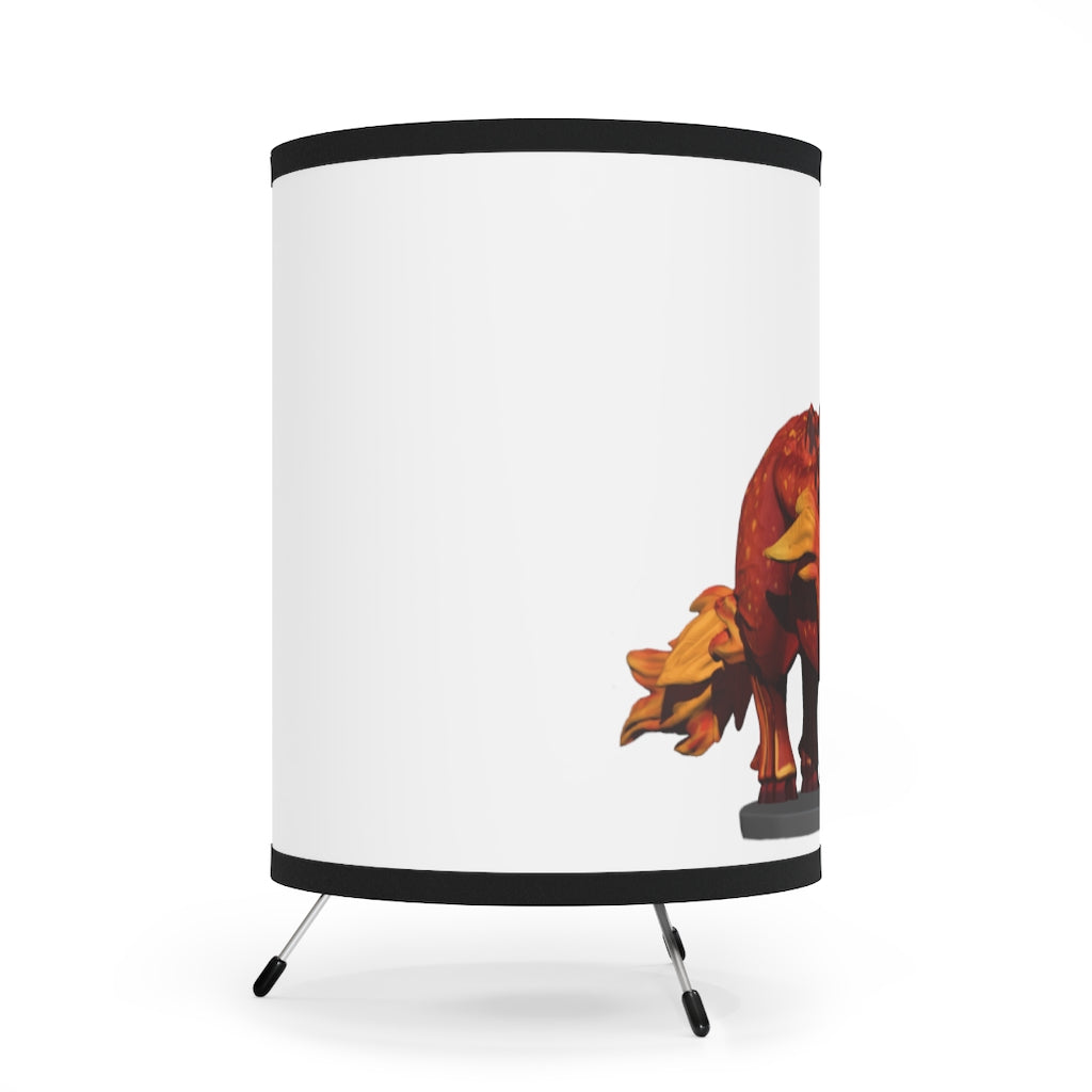 Fire Bull Tripod Lamp featuring a galvanized steel base and custom high-resolution printed shade, ideal for home decor.