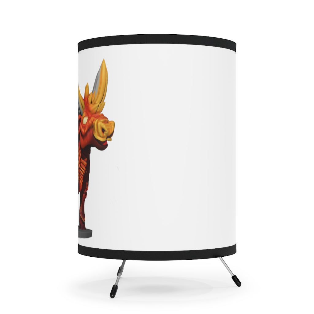 Fire Bull Tripod Lamp featuring a galvanized steel base and custom high-resolution printed shade, ideal for home decor.