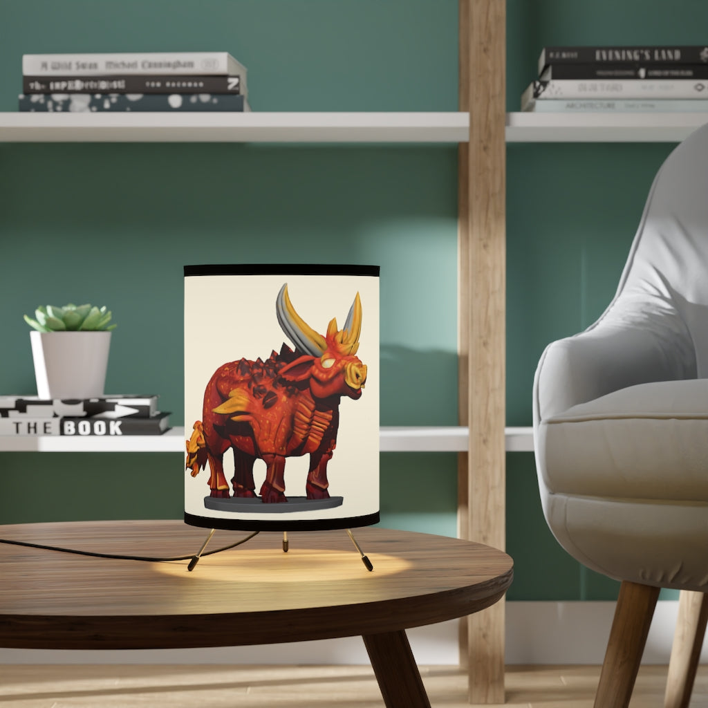 Fire Bull Tripod Lamp featuring a galvanized steel base and custom high-resolution printed shade, ideal for home decor.