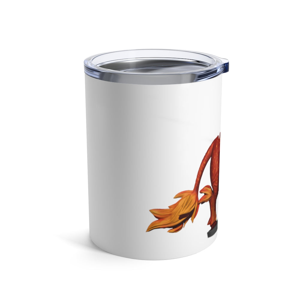 Fire Bull Tumbler 10oz in stainless steel with a see-thru plastic lid, showcasing its sleek design and rounded corners.