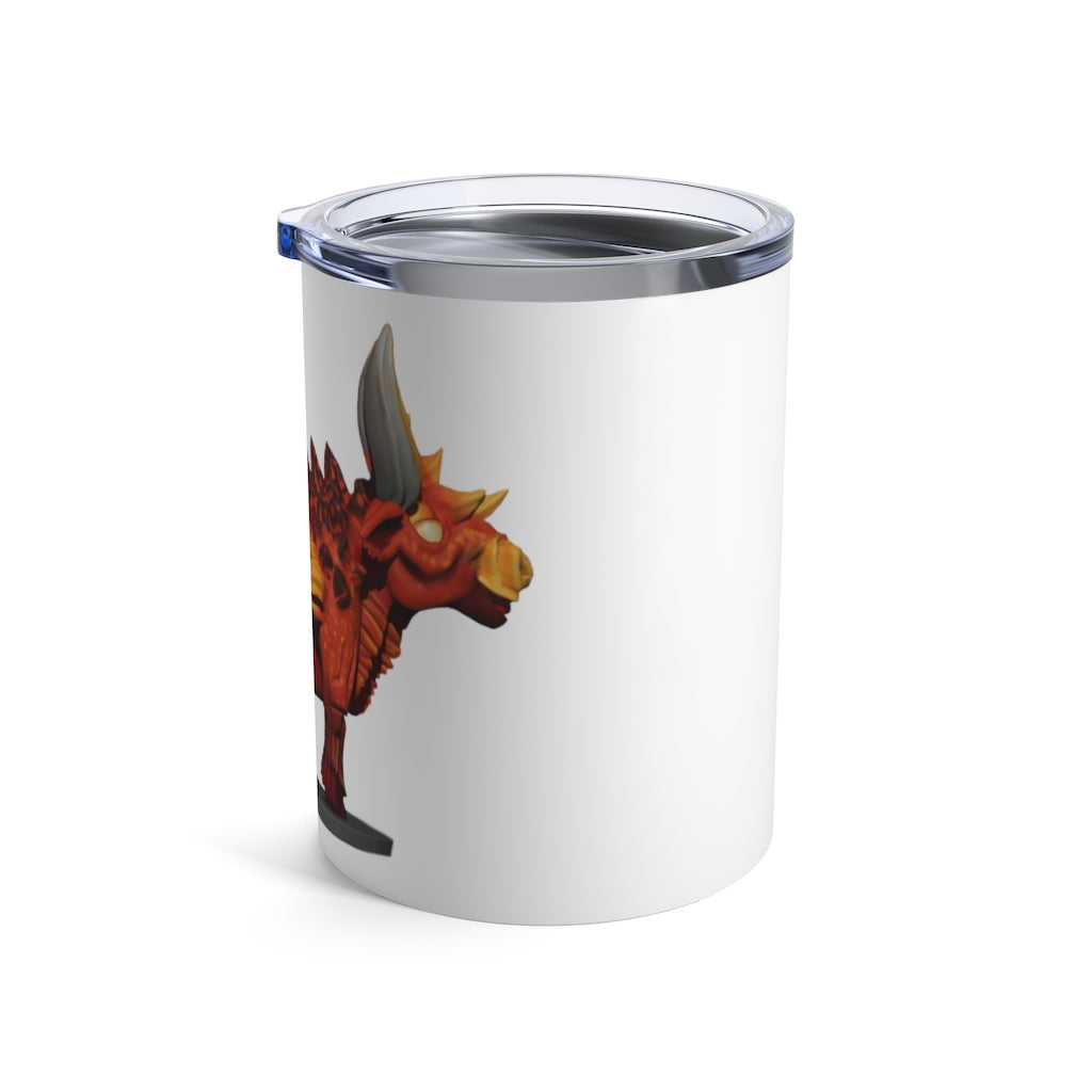 Fire Bull Tumbler 10oz in stainless steel with a see-thru plastic lid, showcasing its sleek design and rounded corners.
