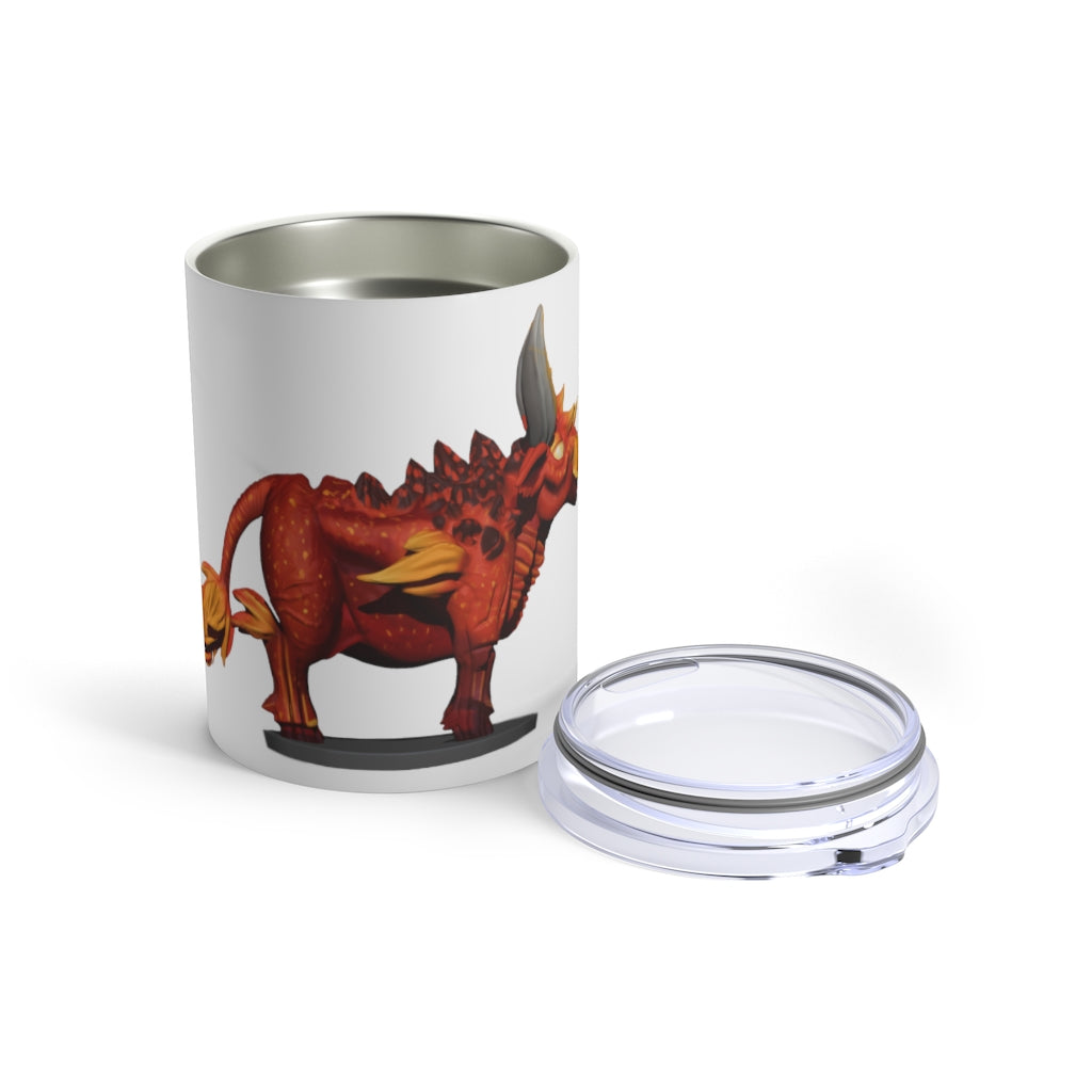 Fire Bull Tumbler 10oz in stainless steel with a see-thru plastic lid, showcasing its sleek design and rounded corners.