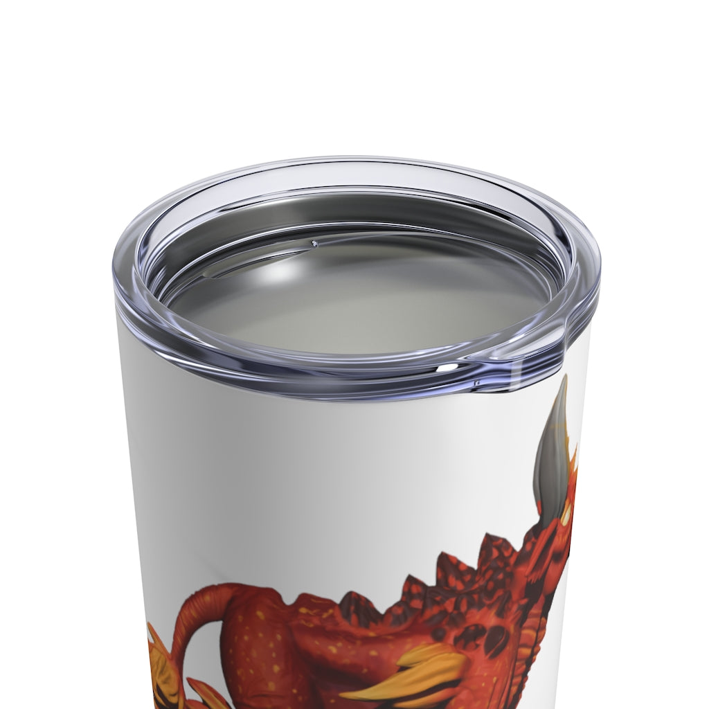 Fire Bull Tumbler 10oz in stainless steel with a see-thru plastic lid, showcasing its sleek design and rounded corners.