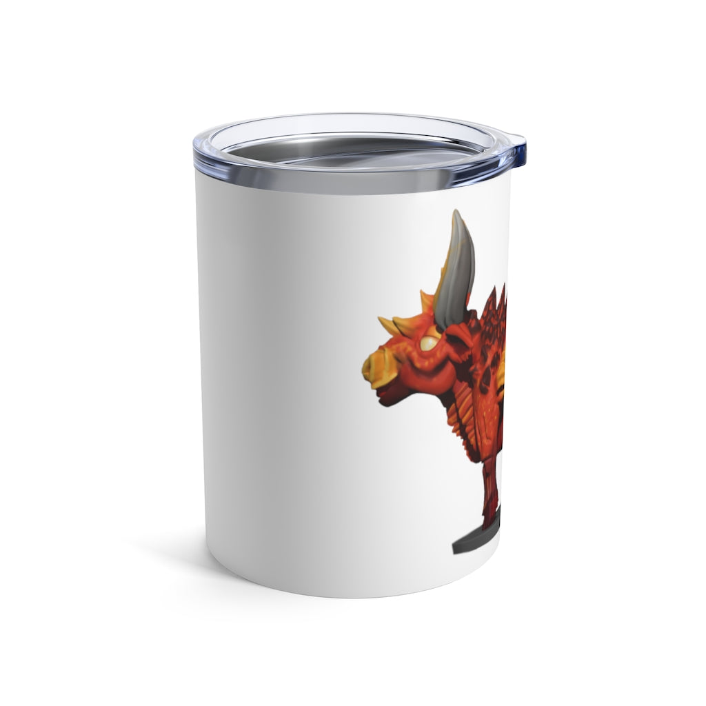 Fire Bull Tumbler 10oz in stainless steel with a see-thru plastic lid, showcasing its sleek design and rounded corners.
