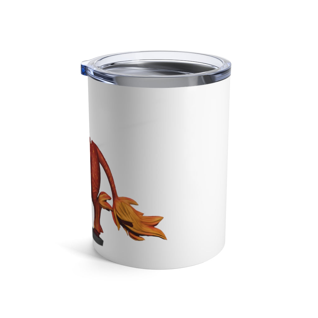 Fire Bull Tumbler 10oz in stainless steel with a see-thru plastic lid, showcasing its sleek design and rounded corners.
