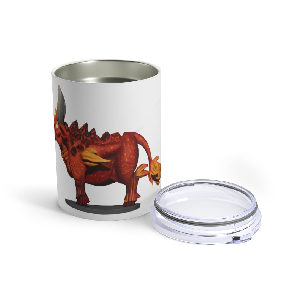 Fire Bull Tumbler 10oz in stainless steel with a see-thru plastic lid, showcasing its sleek design and rounded corners.