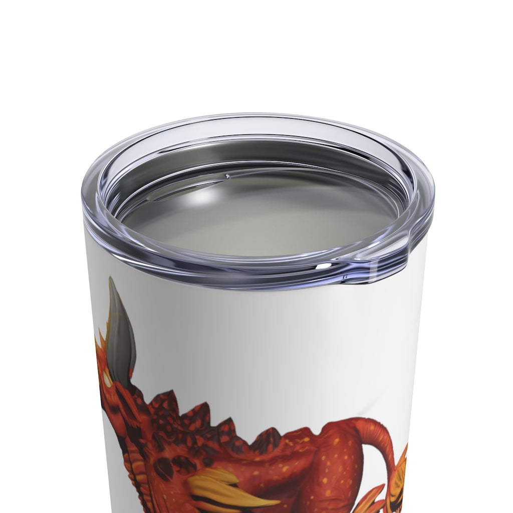 Fire Bull Tumbler 10oz in stainless steel with a see-thru plastic lid, showcasing its sleek design and rounded corners.