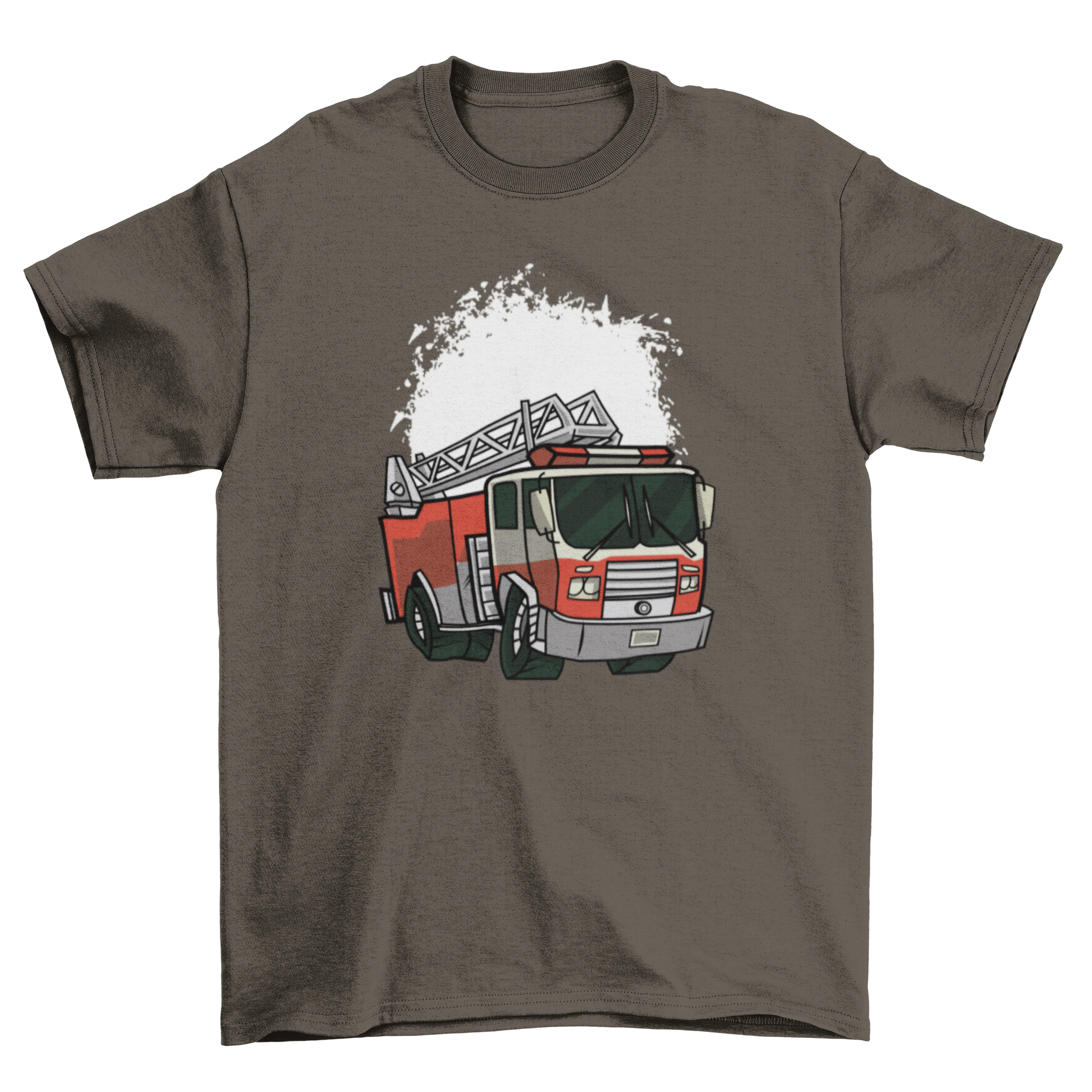 Fire Truck Illustration T-shirt featuring a vibrant fire truck design on a white grunge background.
