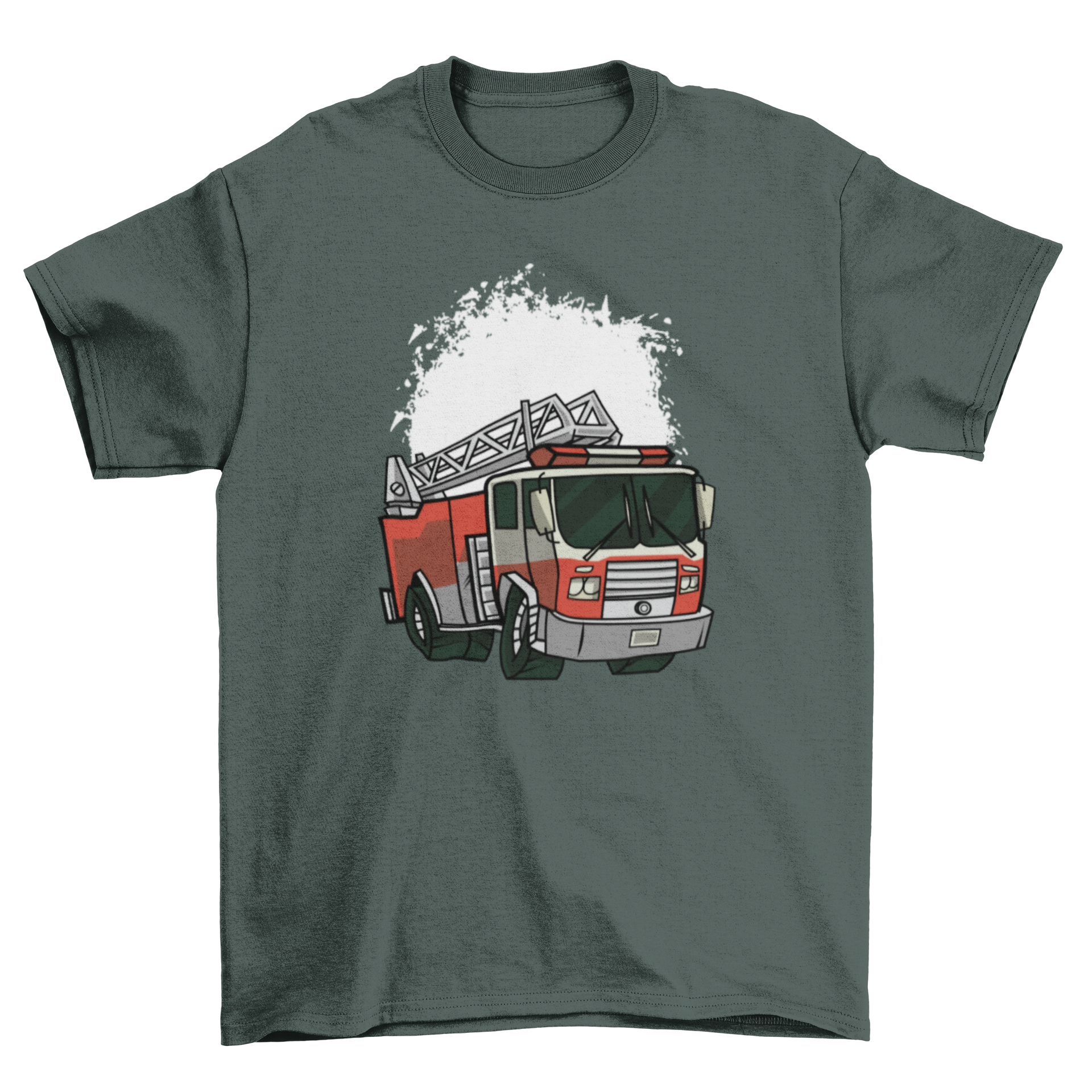 Fire Truck Illustration T-shirt featuring a vibrant fire truck design on a white grunge background.