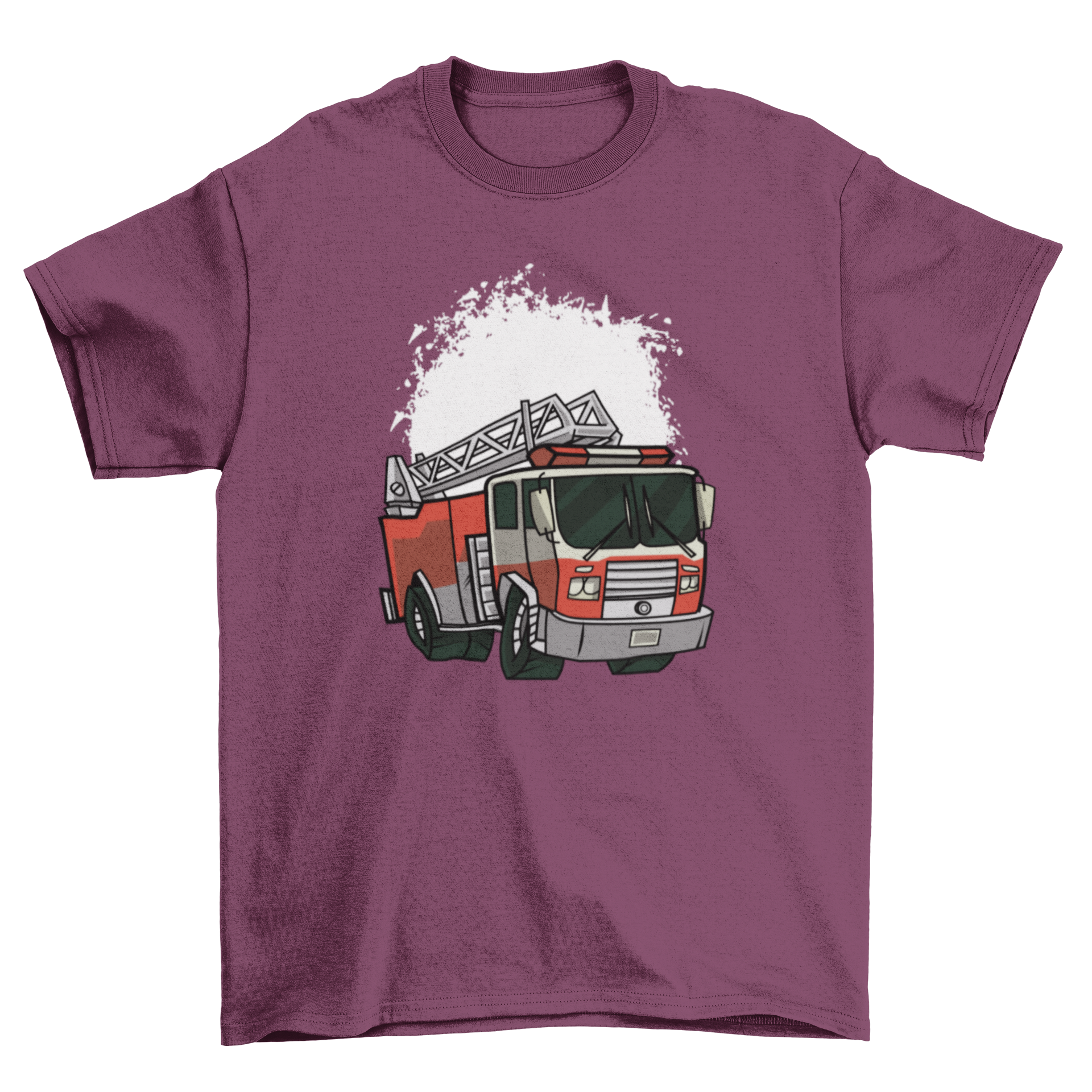 Fire Truck Illustration T-shirt featuring a vibrant fire truck design on a white grunge background.