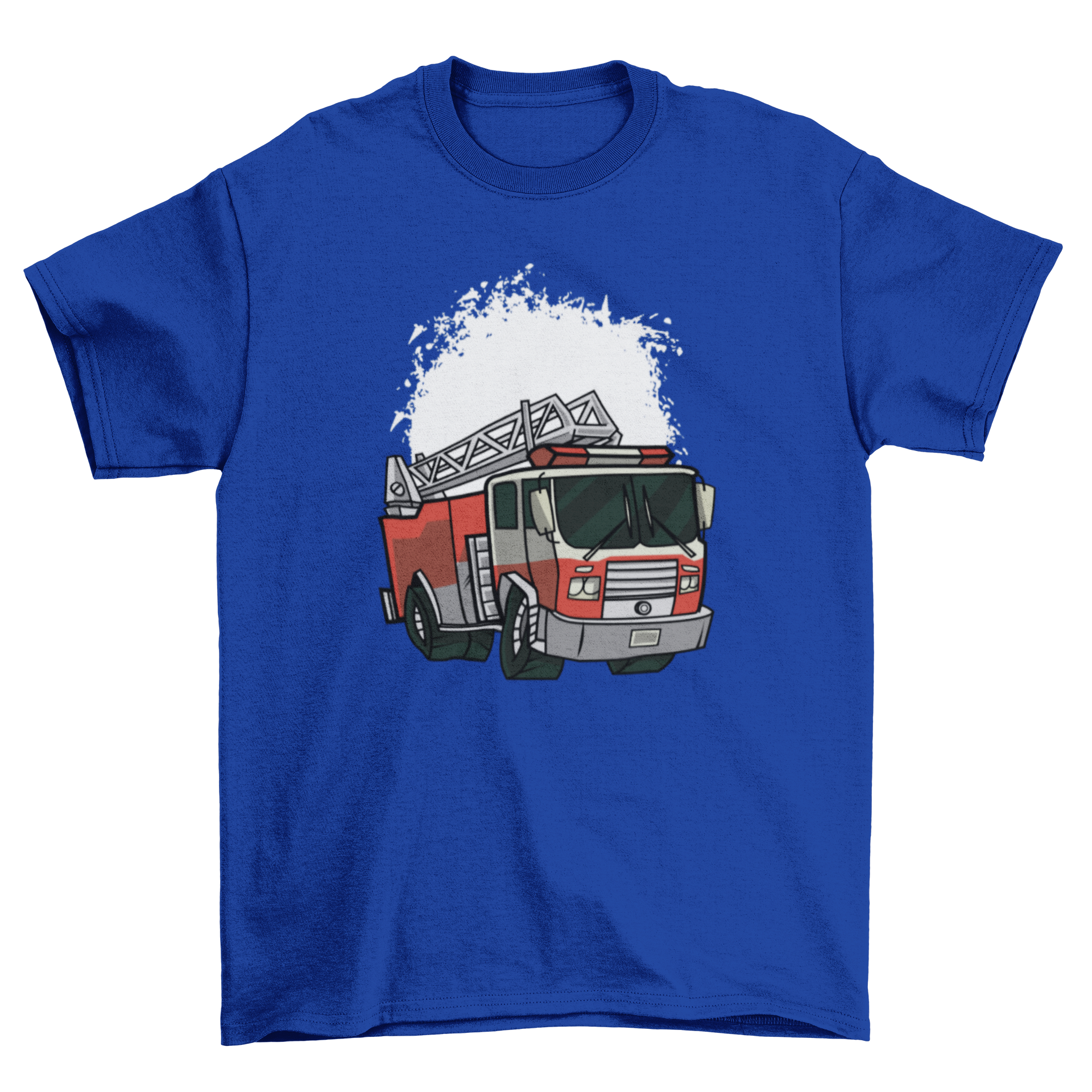 Fire Truck Illustration T-shirt featuring a vibrant fire truck design on a white grunge background.
