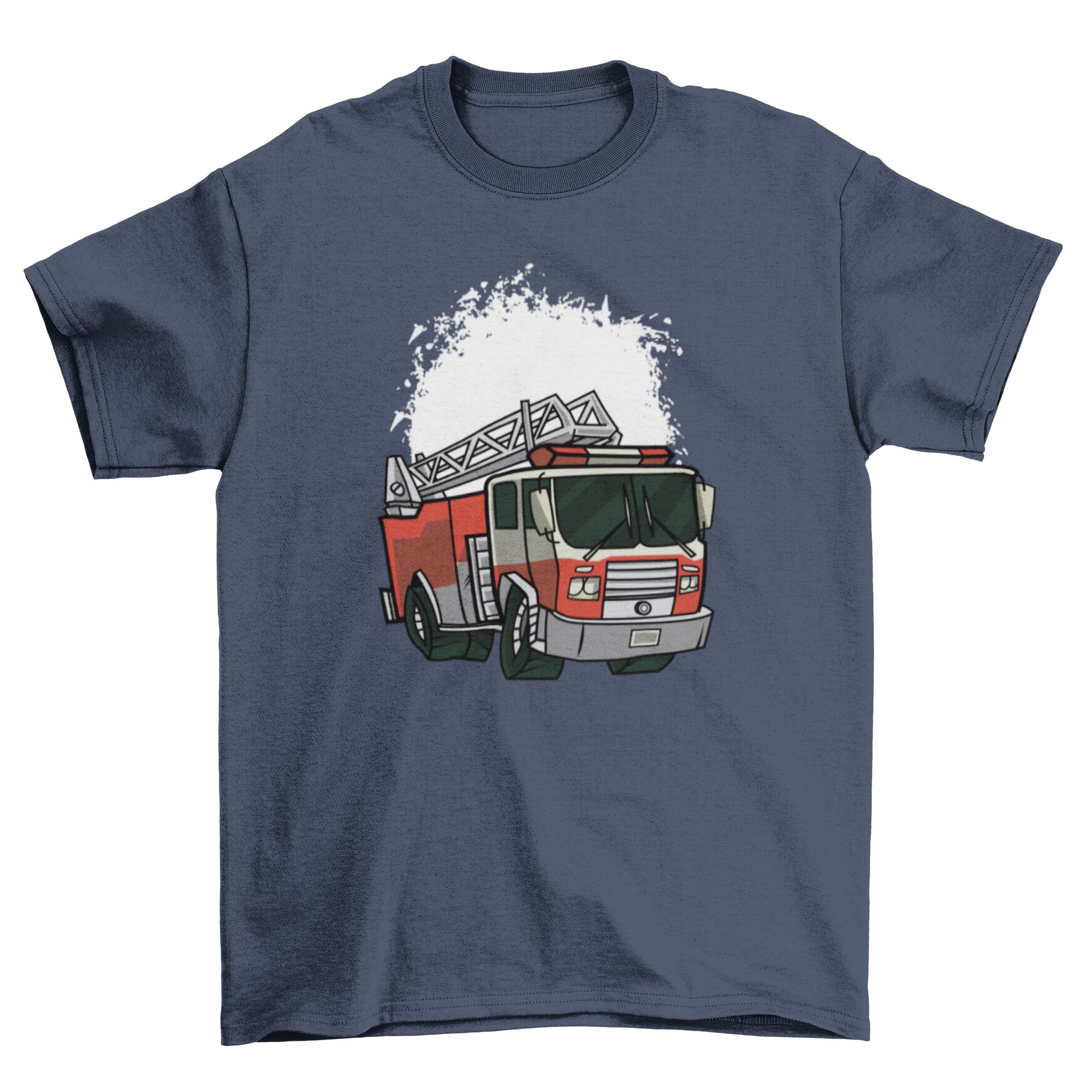 Fire Truck Illustration T-shirt featuring a vibrant fire truck design on a white grunge background.