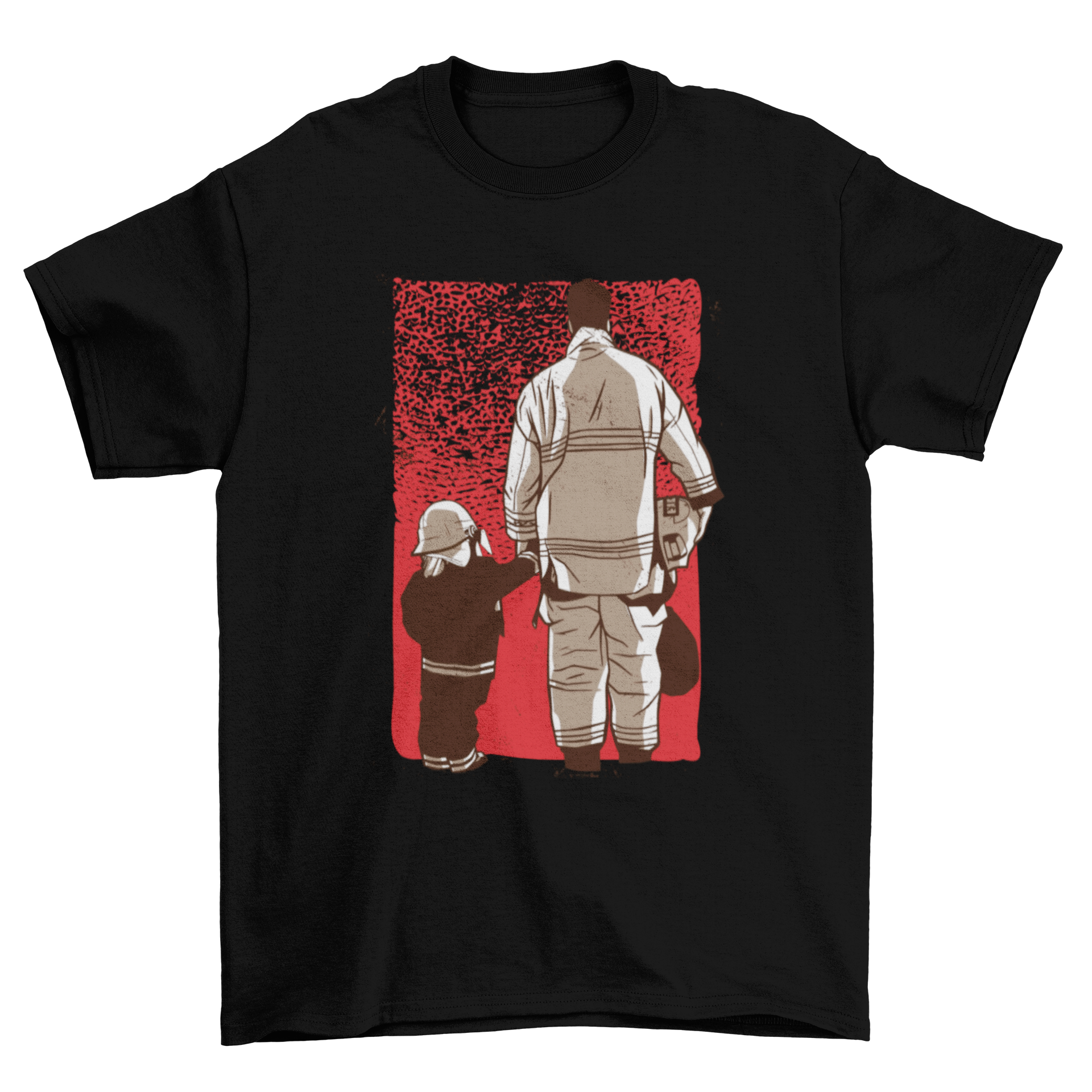 A vibrant firefighter son t-shirt design featuring a firefighter holding a child against a bold red background.
