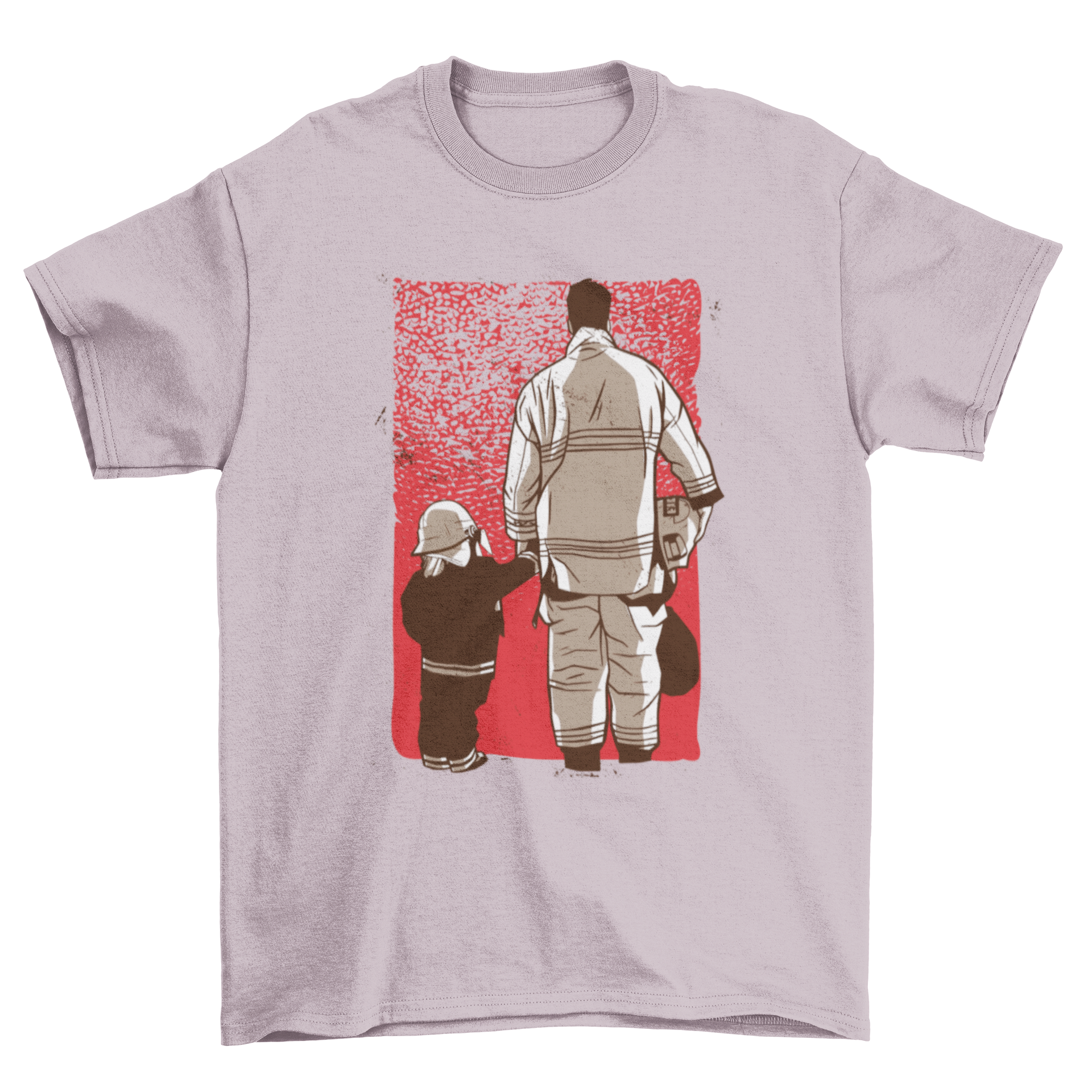 A vibrant firefighter son t-shirt design featuring a firefighter holding a child against a bold red background.