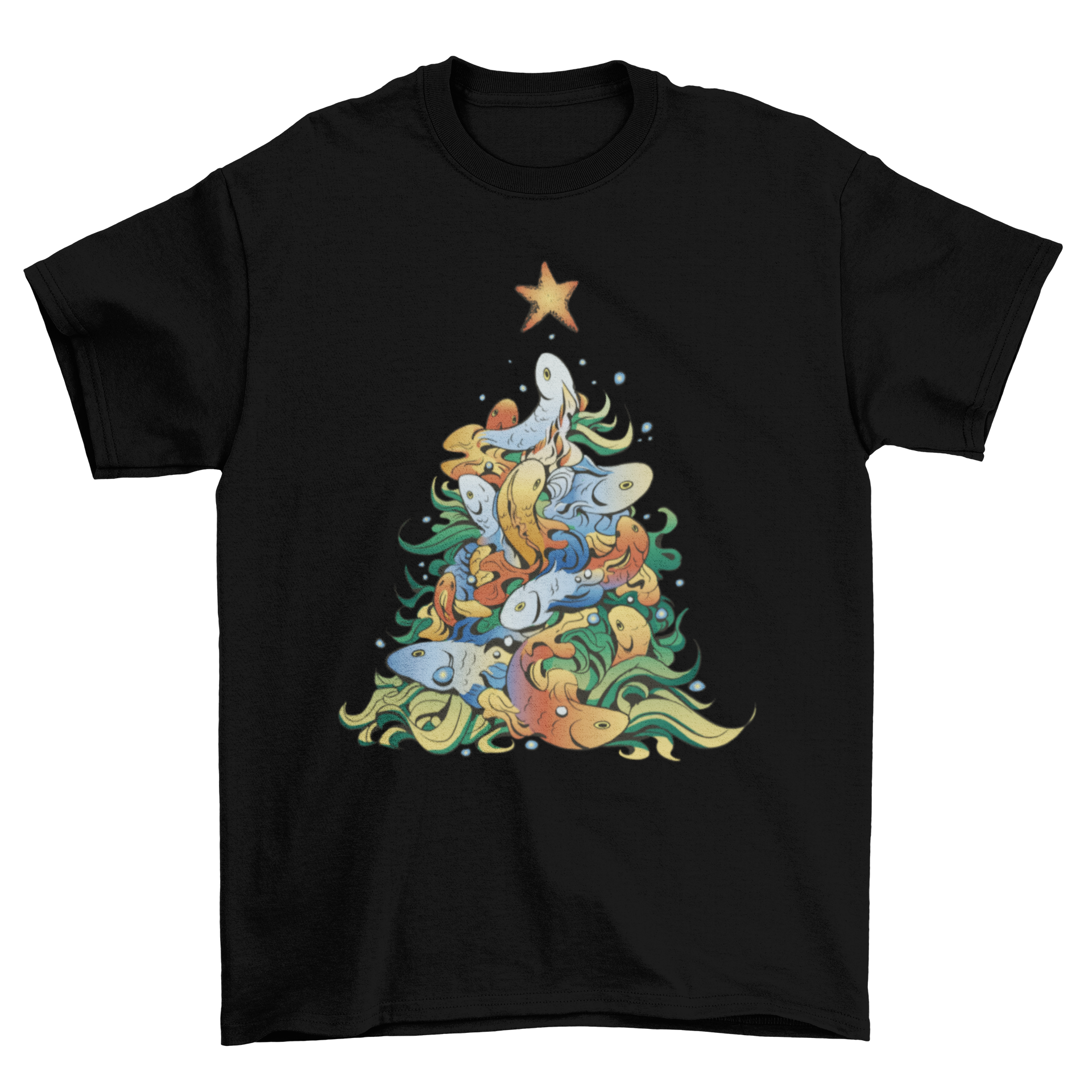 A festive t-shirt featuring a Christmas tree design made of colorful fish, perfect for holiday celebrations.