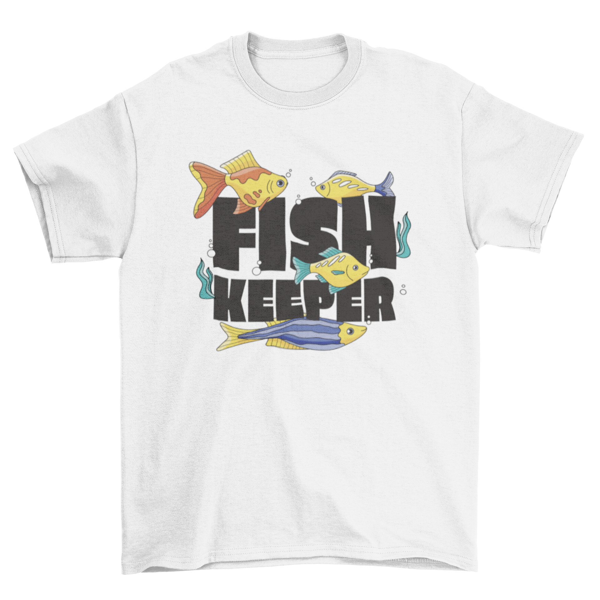 A stylish Fish Keeper T-shirt featuring a vibrant design of swimming fishes and the quote 'Fish Keeper'.