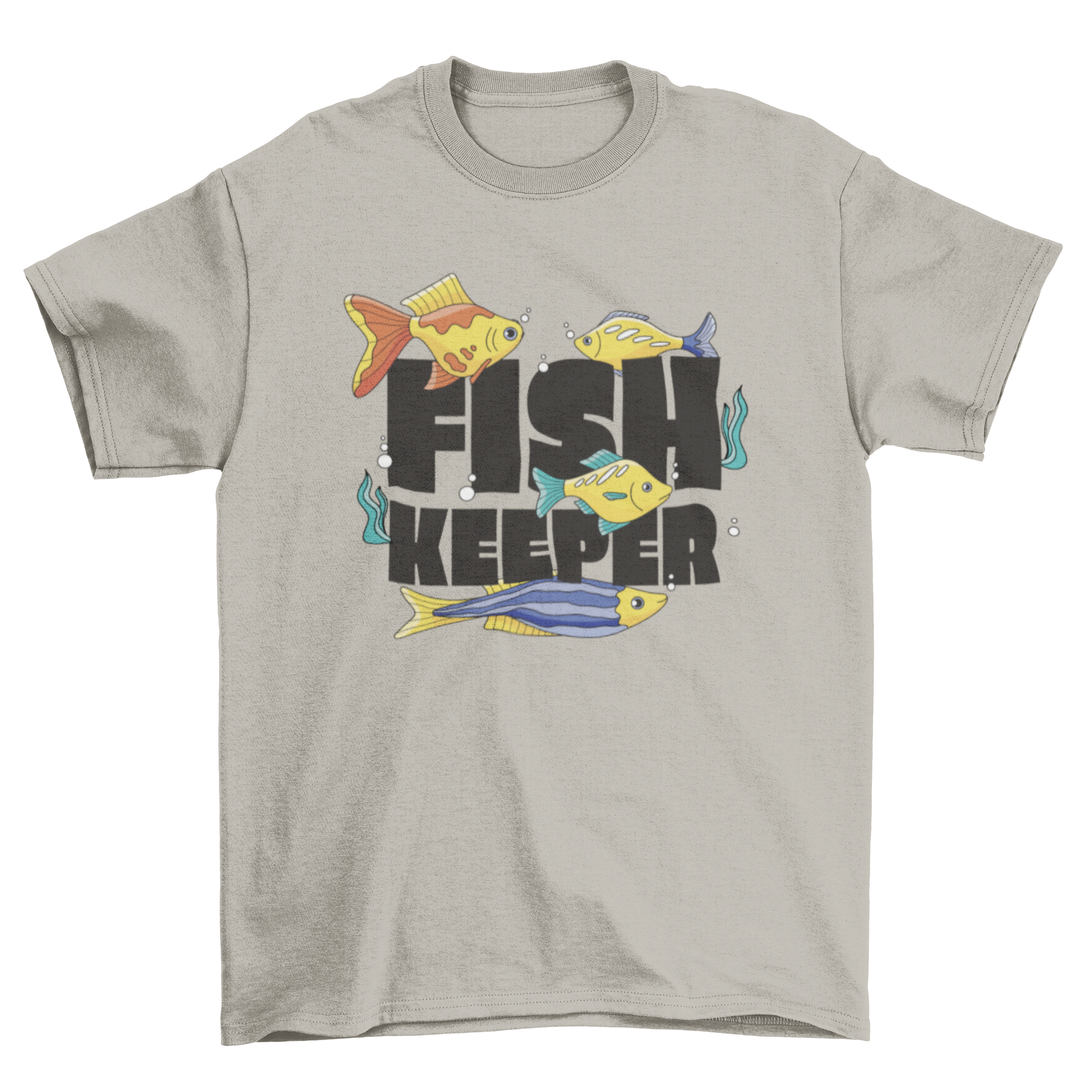 A stylish Fish Keeper T-shirt featuring a vibrant design of swimming fishes and the quote 'Fish Keeper'.