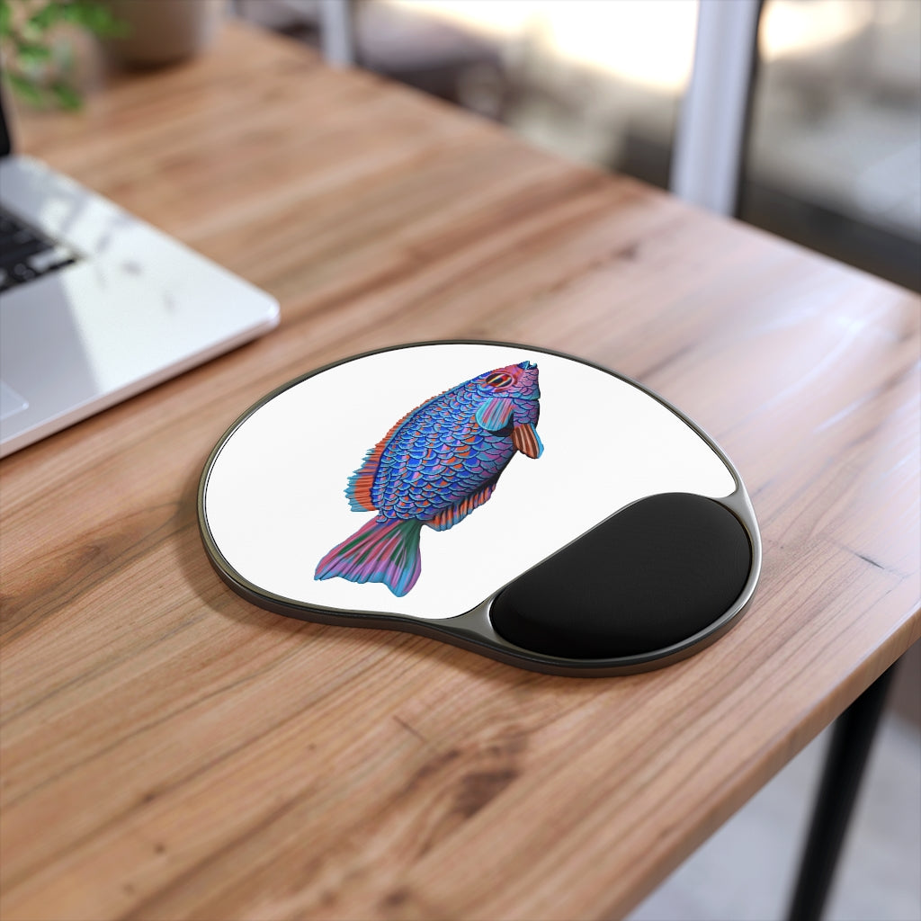 Fish Mouse Pad with ergonomic Memory Foam wrist rest and customizable neoprene insert, featuring a unique foot-shaped design.