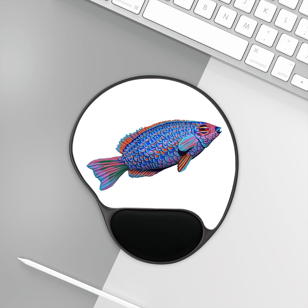 Fish Mouse Pad with ergonomic Memory Foam wrist rest and customizable neoprene insert, featuring a unique foot-shaped design.