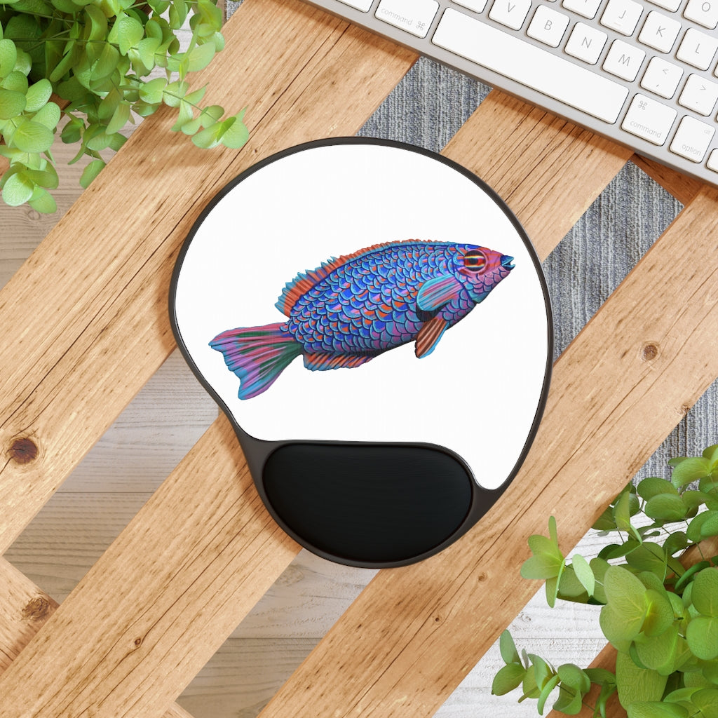 Fish Mouse Pad with ergonomic Memory Foam wrist rest and customizable neoprene insert, featuring a unique foot-shaped design.