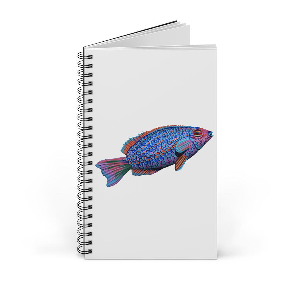 Fish Spiral Journal featuring a colorful front cover, available in various styles including blank, dot grid, lined, and task manager formats.