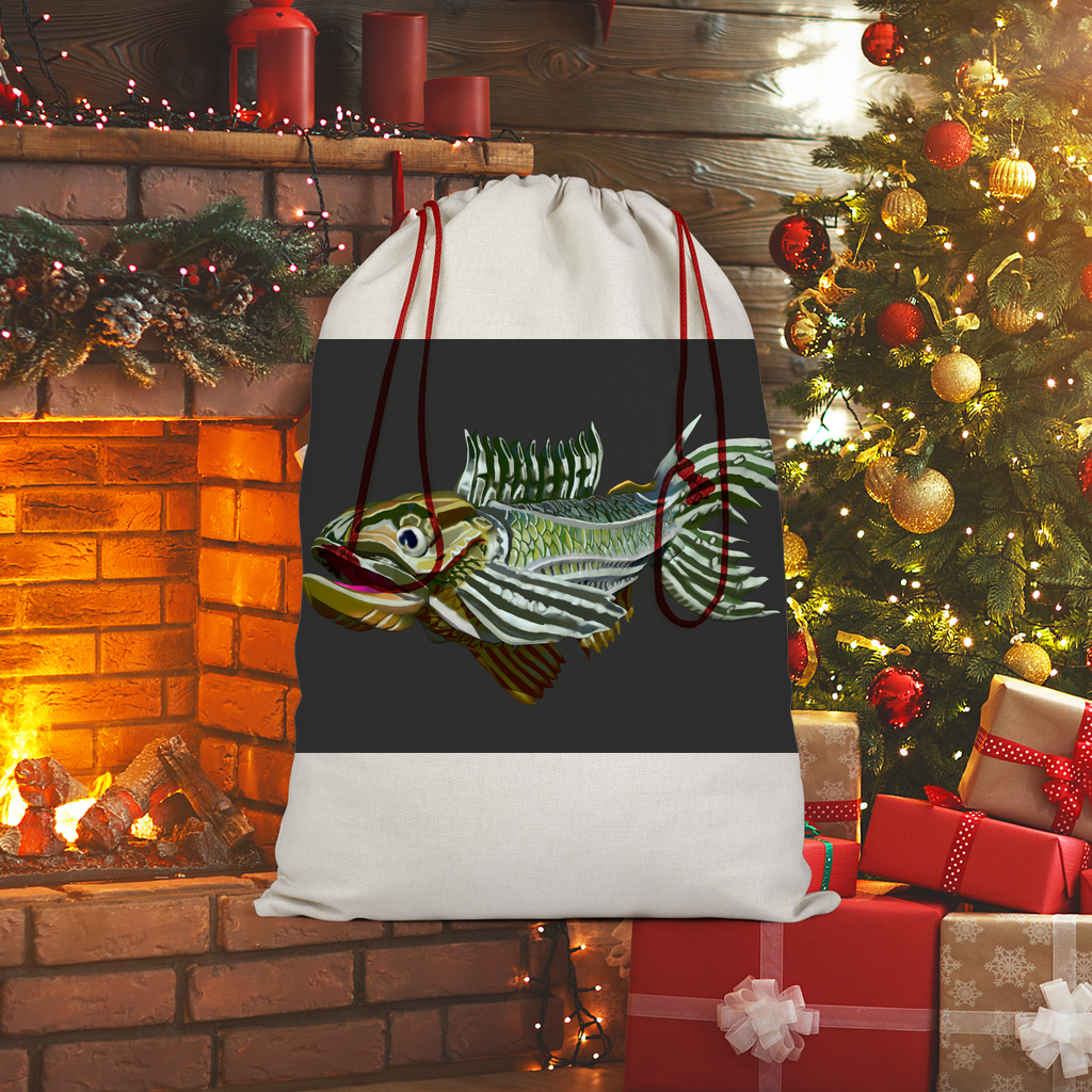 Fish Sublimation Linen Drawstring Sack with red drawstring, featuring vibrant fish print on a linen effect background.