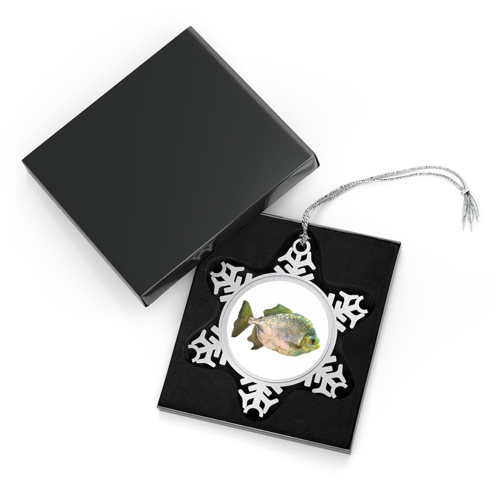 A beautifully crafted pewter snowflake ornament with a unique design, featuring a silver-toned hanging string, perfect for holiday decor.