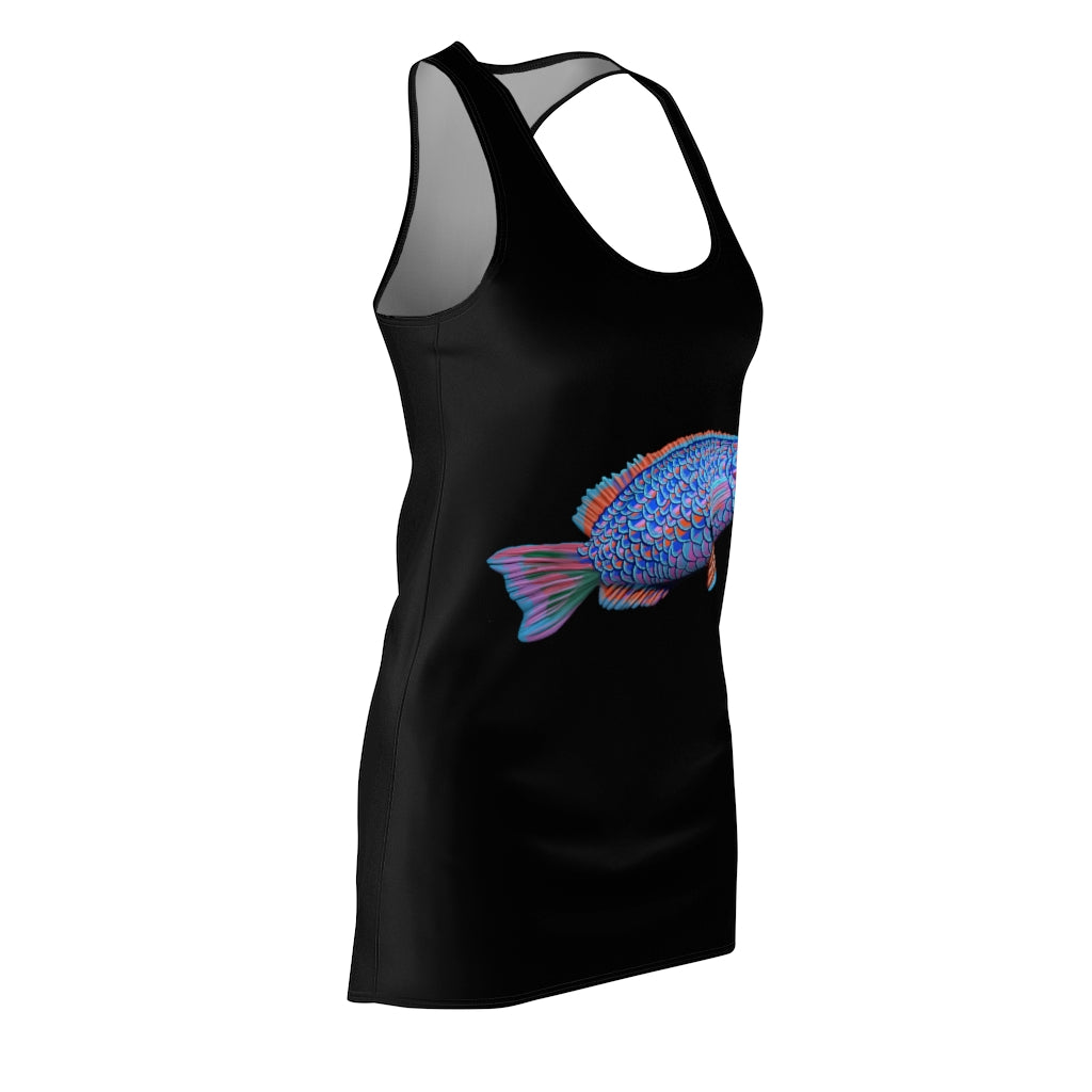 Fish Women's Cut & Sew Racerback Dress showcasing a stylish and feminine design with a sporty fit.
