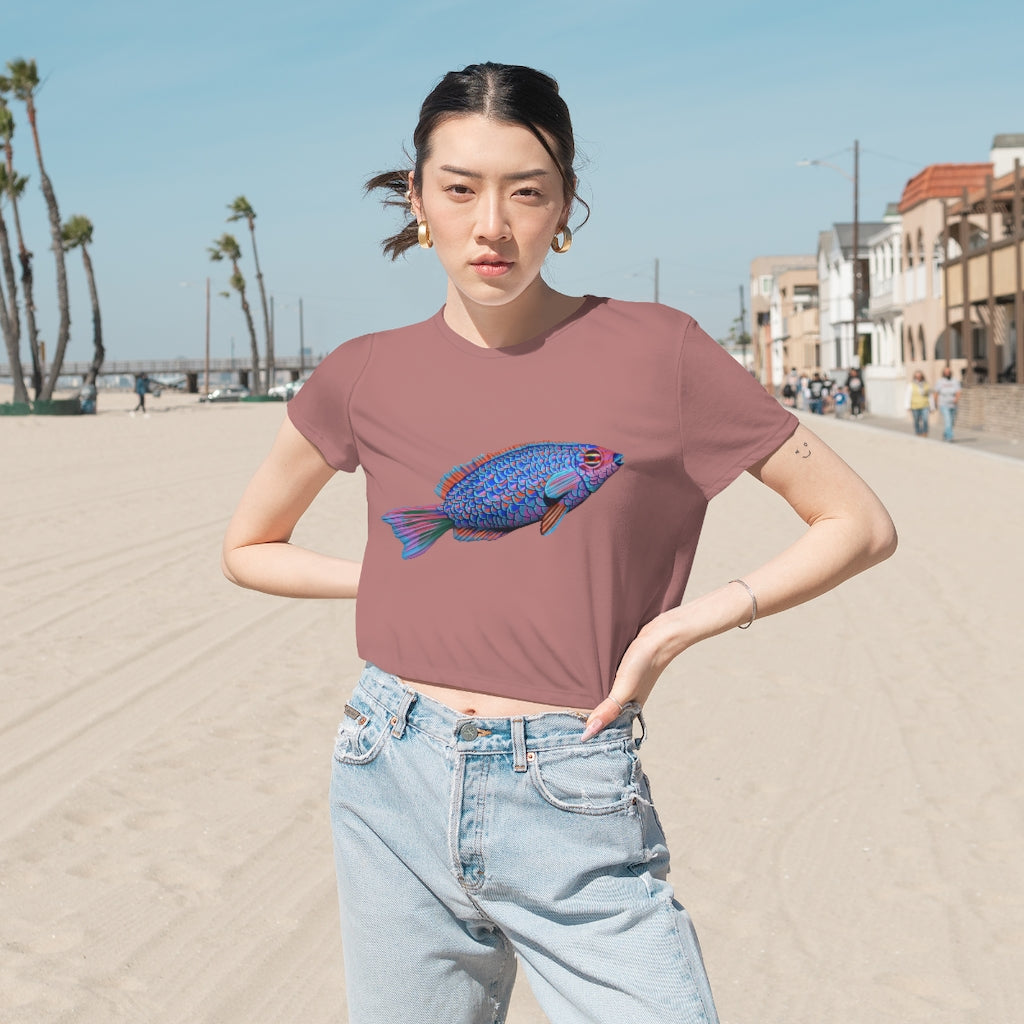 Fish Women's Flowy Cropped Tee in a stylish design, showcasing its flowy fit and modest crop style.