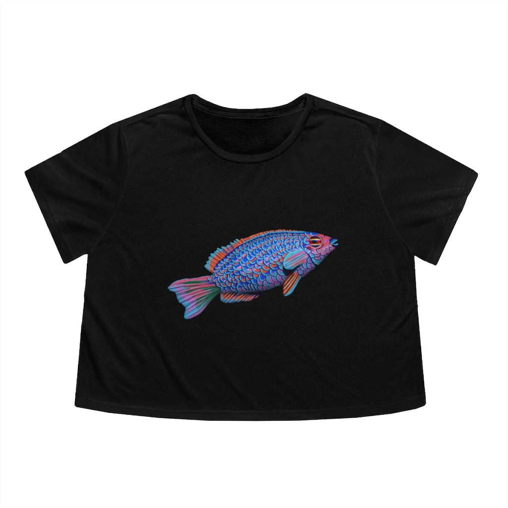 Fish Women's Flowy Cropped Tee in a stylish design, showcasing its flowy fit and modest crop style.