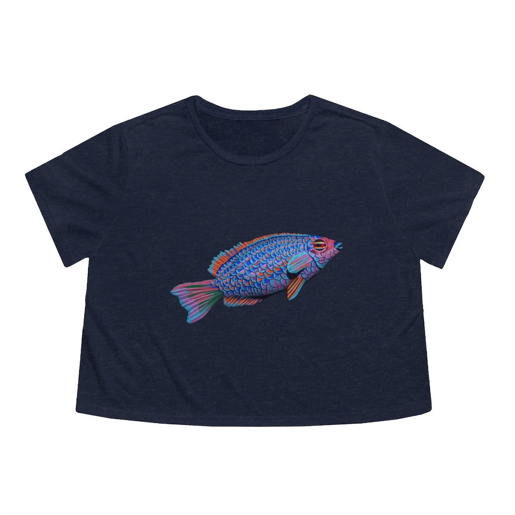 Fish Women's Flowy Cropped Tee in a stylish design, showcasing its flowy fit and modest crop style.