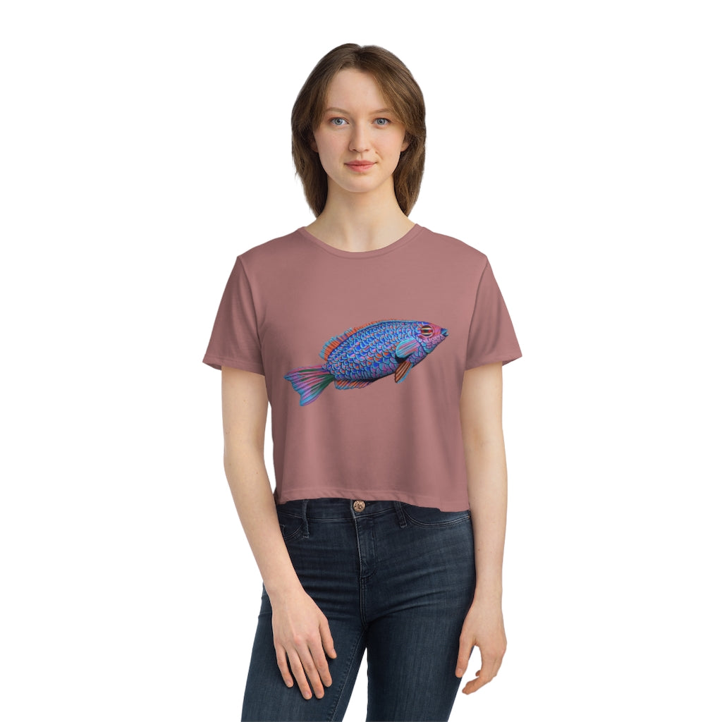 Fish Women's Flowy Cropped Tee in a stylish design, showcasing its flowy fit and modest crop style.