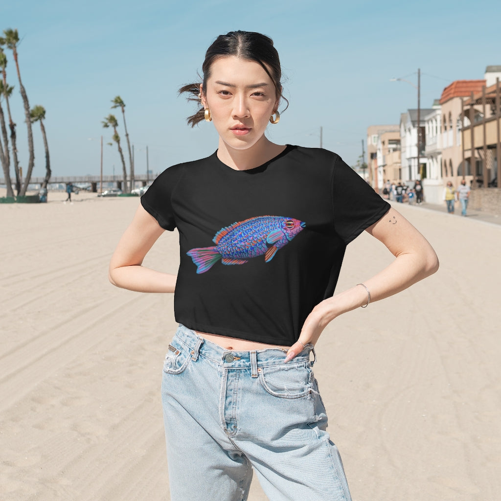 Fish Women's Flowy Cropped Tee in a stylish design, showcasing its flowy fit and modest crop style.