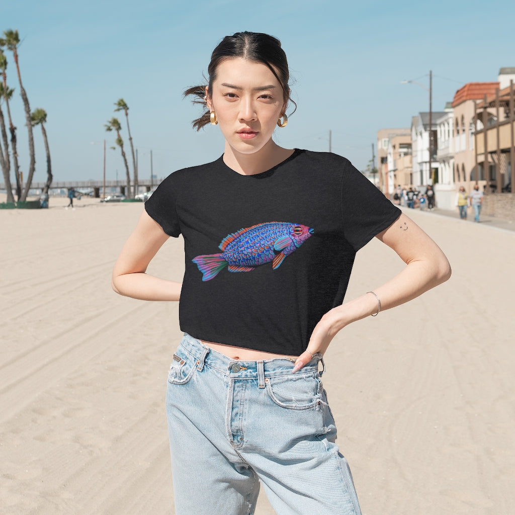 Fish Women's Flowy Cropped Tee in a stylish design, showcasing its flowy fit and modest crop style.