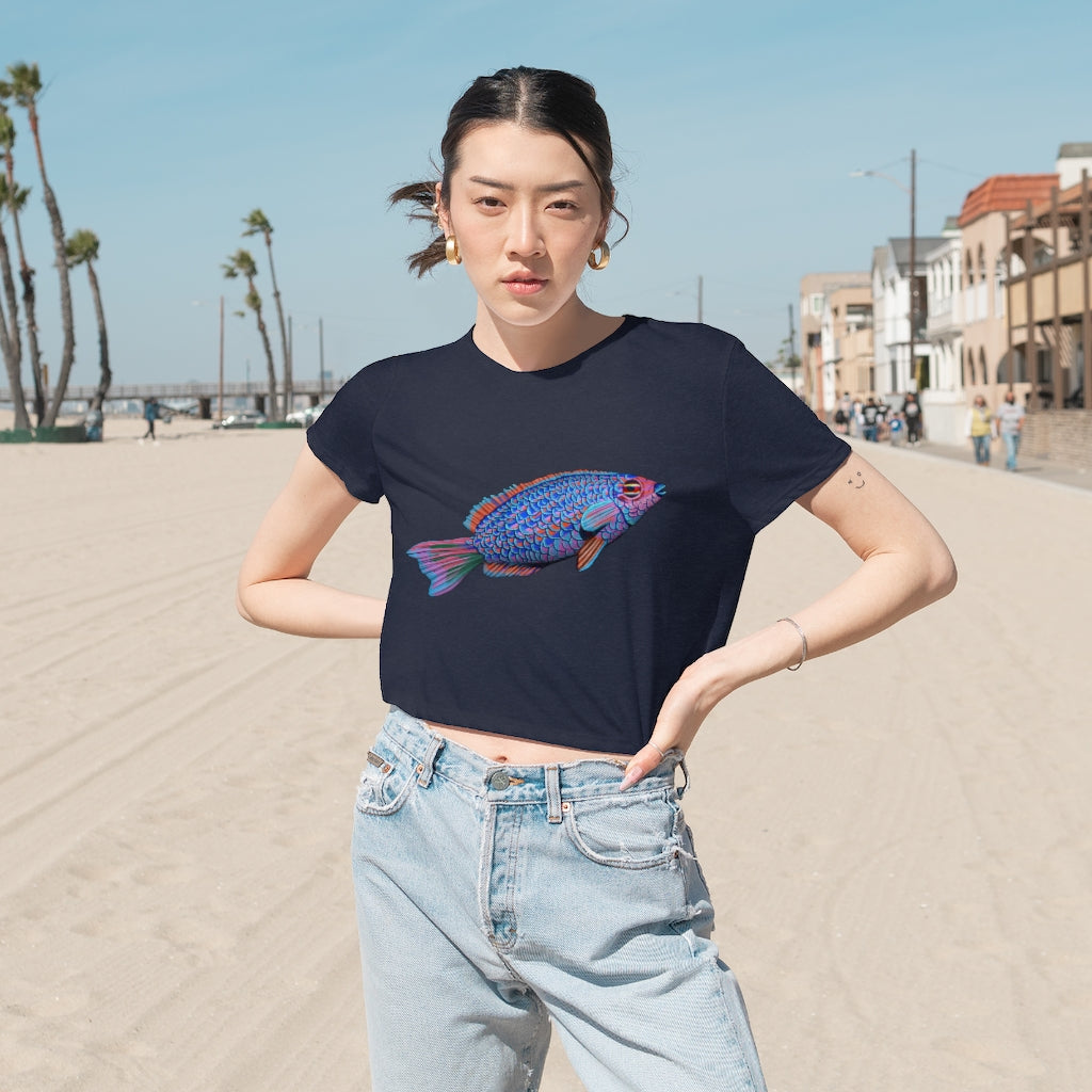 Fish Women's Flowy Cropped Tee in a stylish design, showcasing its flowy fit and modest crop style.
