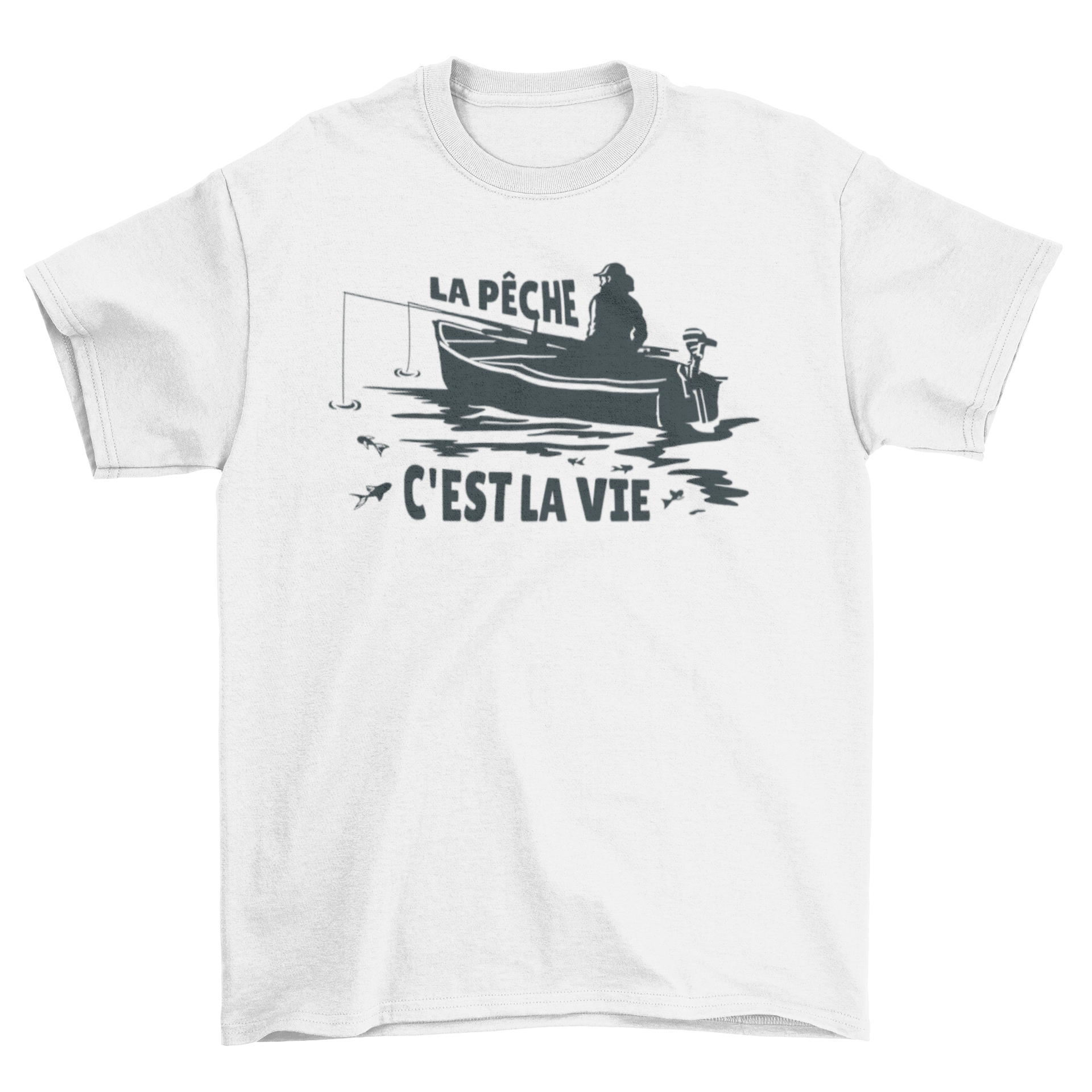 Fishing French quote t-shirt featuring an illustration of a person fishing with the quote 'La pêche c'est la vie'.