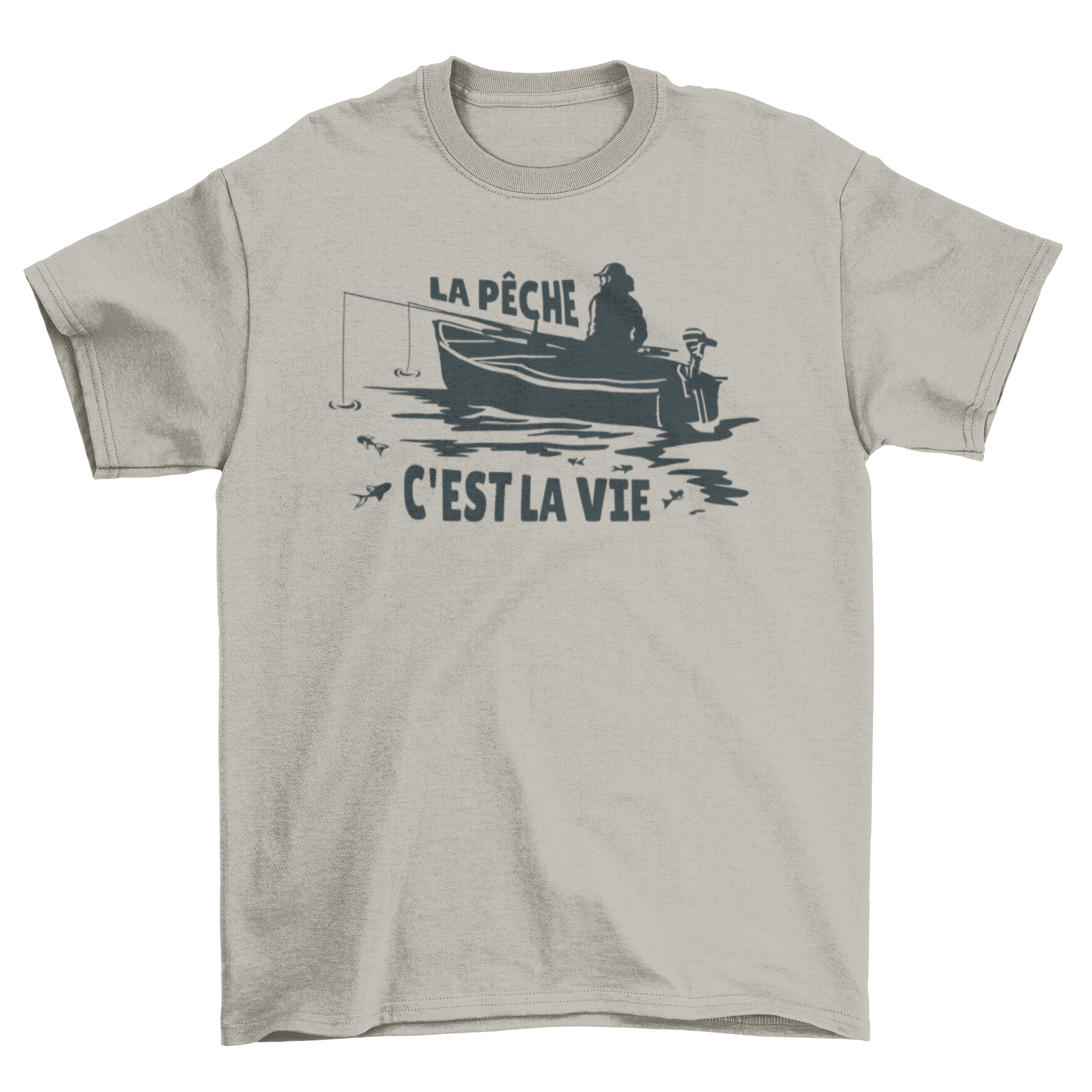 Fishing French quote t-shirt featuring an illustration of a person fishing with the quote 'La pêche c'est la vie'.