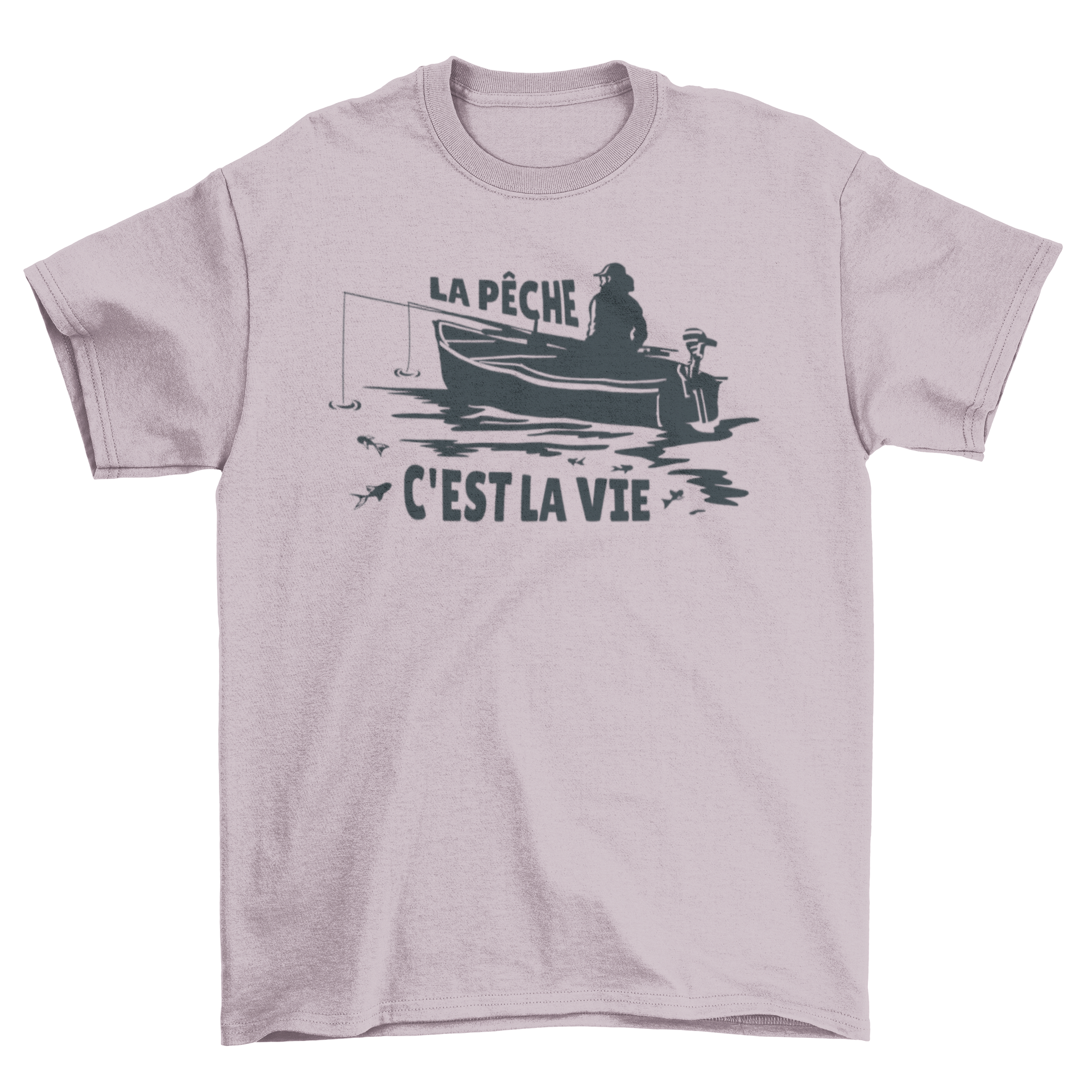 Fishing French quote t-shirt featuring an illustration of a person fishing with the quote 'La pêche c'est la vie'.
