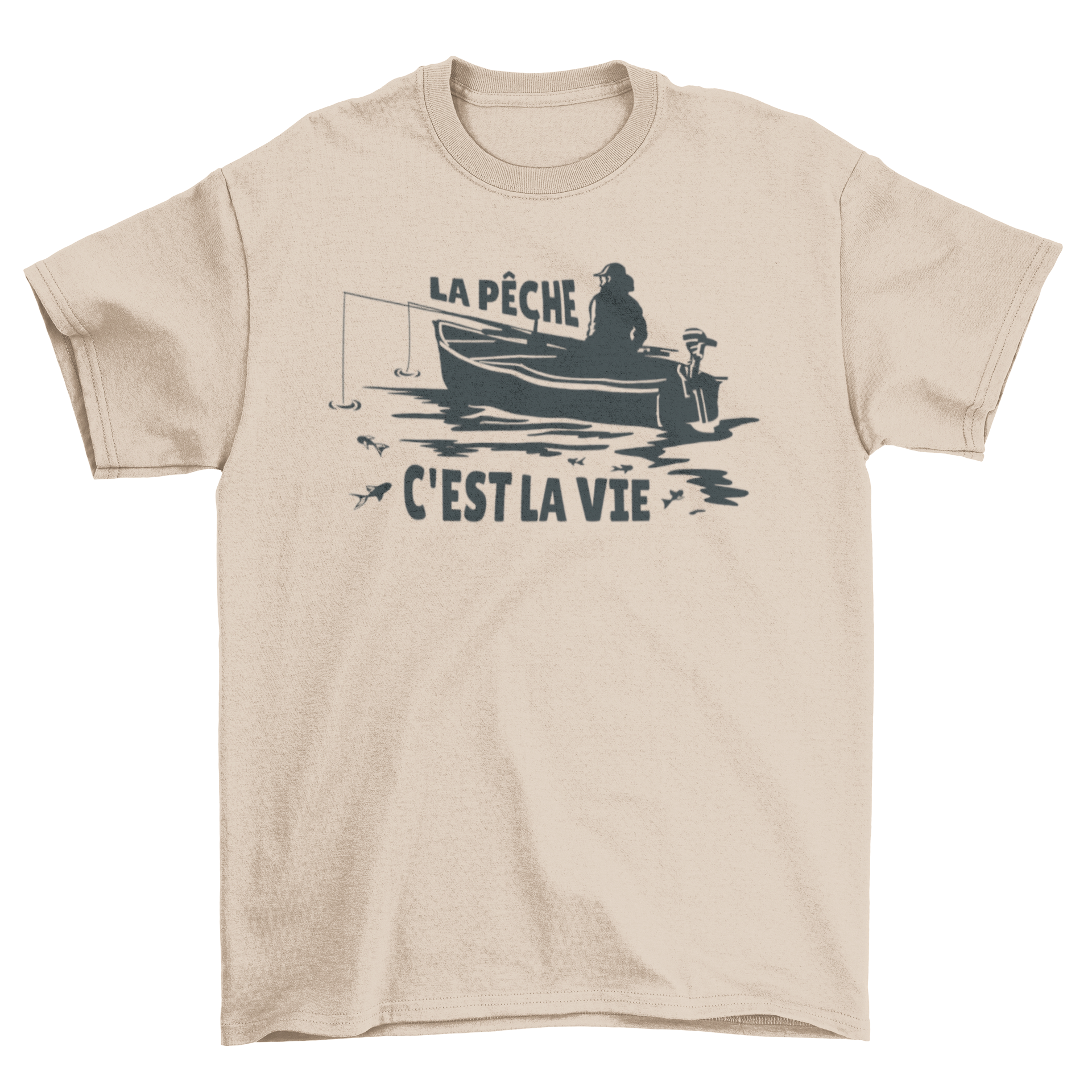 Fishing French quote t-shirt featuring an illustration of a person fishing with the quote 'La pêche c'est la vie'.